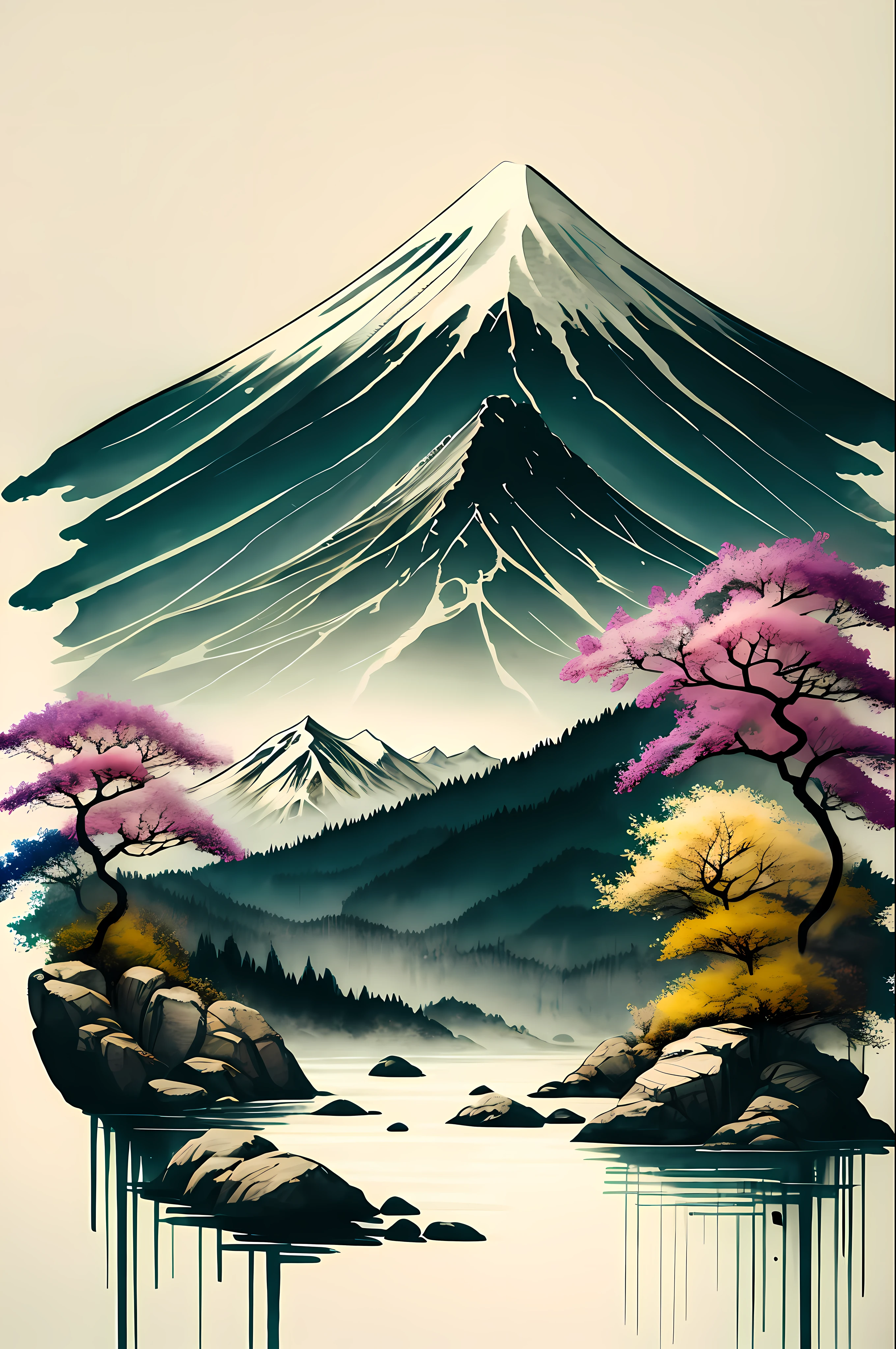 white background, scenery, watercolor, mountain Gran Sasso on Abruzzo, Italy, water, trees, moon, colorful,