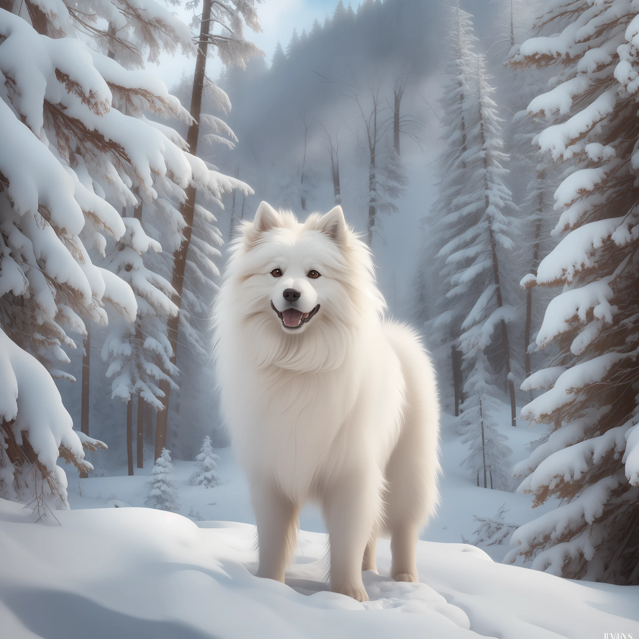epic realistic photography, um desenho de um cachorro Samoyeda adulto, Standing on Nevada Hill 1.2 surrounded by snowy trees in a forest clearing, montanhas nevadas ao fundo, 8k