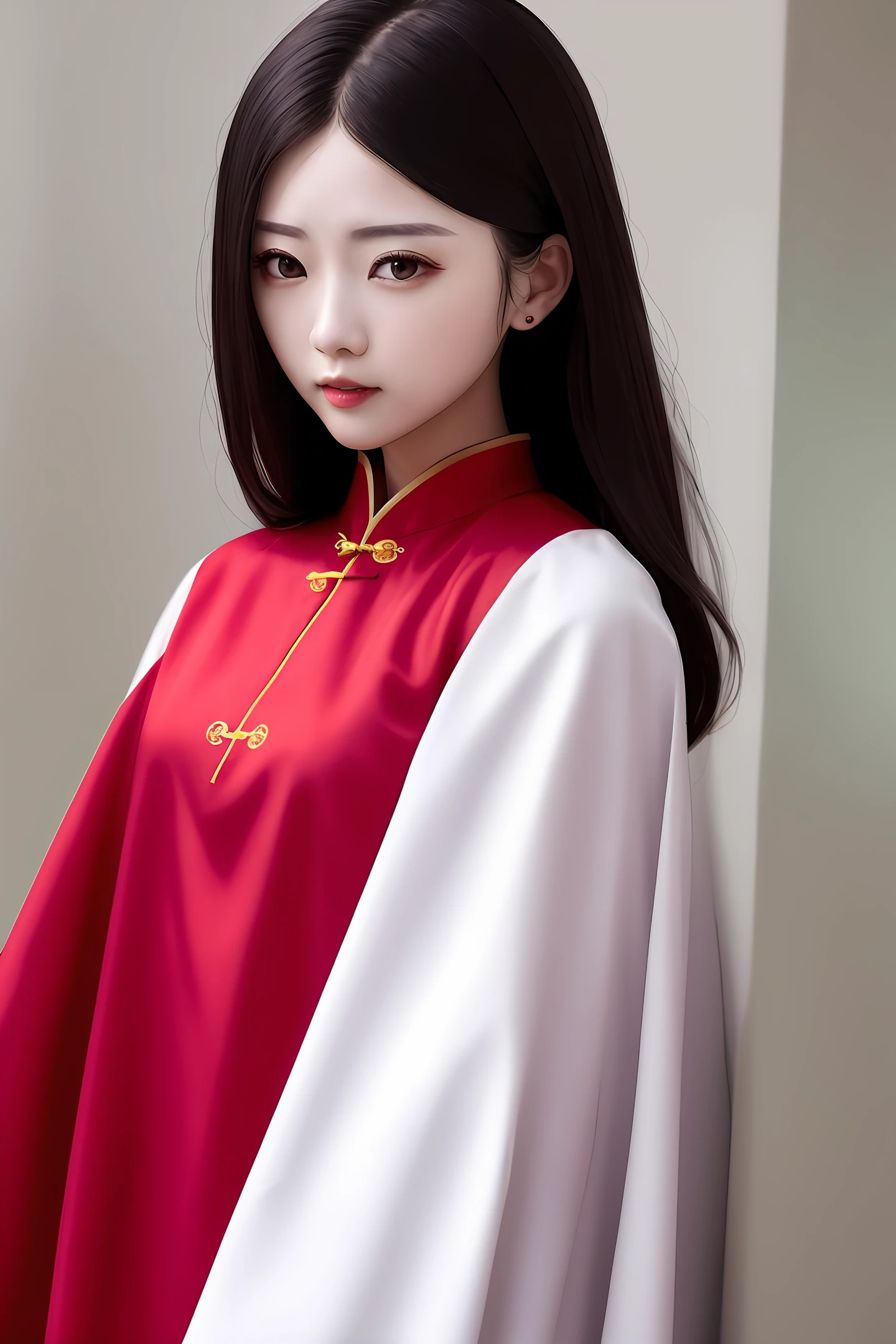 goddes，Inky black hair，White plain clothes and Chinese clothes，red color eyes，Need，God's work