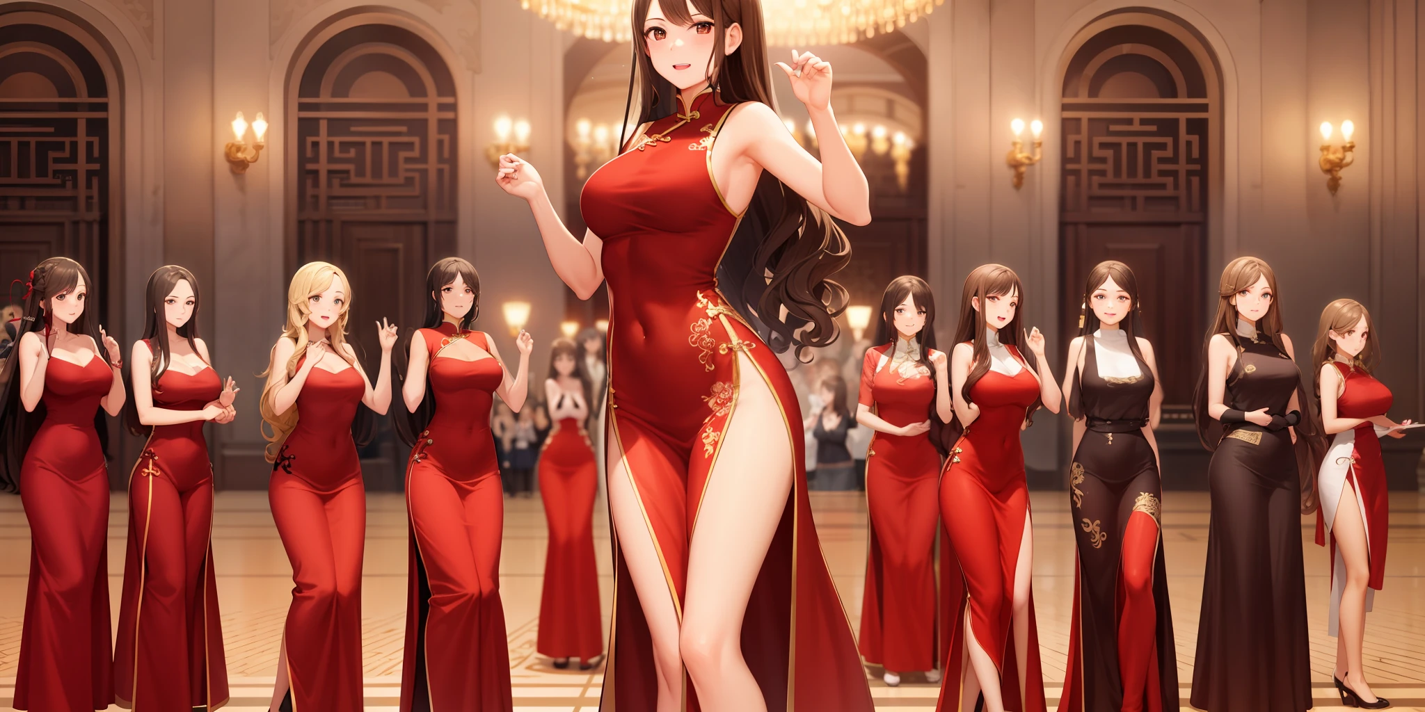 ((Thousands of, millions of, crowd of)), 100girls,crowded, long hair, brown hair, curly hair, hazel eyes,chinese dress, golden dress, sleeveless, sexy, large group of girls, girls standing in formation, only girls, sisters, identical dresses, matching dresses, black high heels, looking at viewer, same pose, indoors, mansion