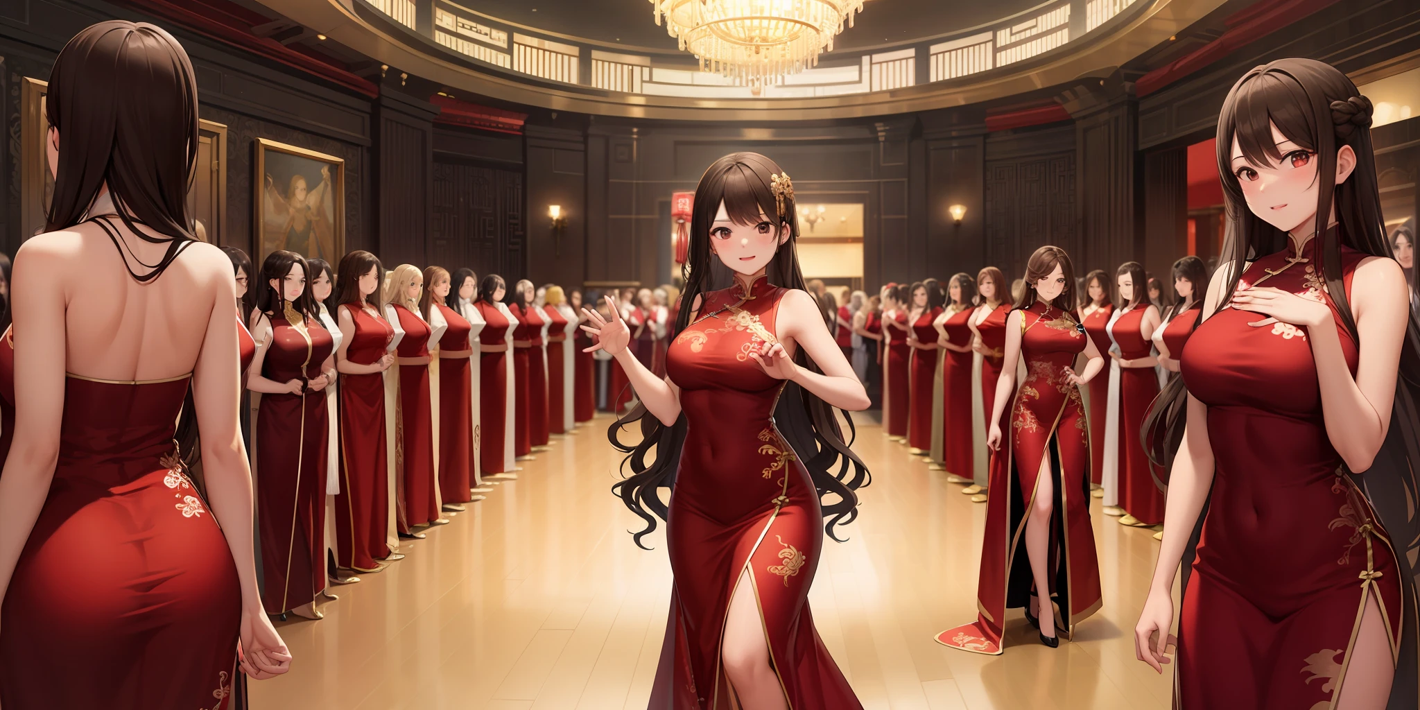 ((Thousands of, millions of, crowd of)), 100girls,crowded, long hair, brown hair, curly hair, hazel eyes,chinese dress, golden dress, sleeveless, sexy, large group of girls, girls standing in formation, only girls, sisters, identical dresses, matching dresses, black high heels, looking at viewer, same pose, indoors, mansion