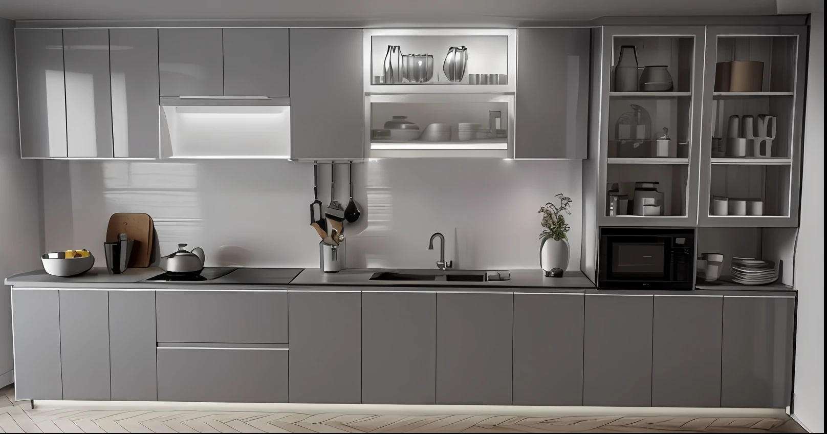 a rendering of a kitchen with a sink, absorb odors, and a microwave, kitchen, small kitchen, 2 d render, minimal kitchen, sketch - up, orthographic 3d rendering, 3d design, 3 d design, kitchen counter, cad, detailed 2d illustration, cabinets, comprehensive 2 d render, kitchen background, render 3 d, 3 d rendering, glossy material, glossy gray wings