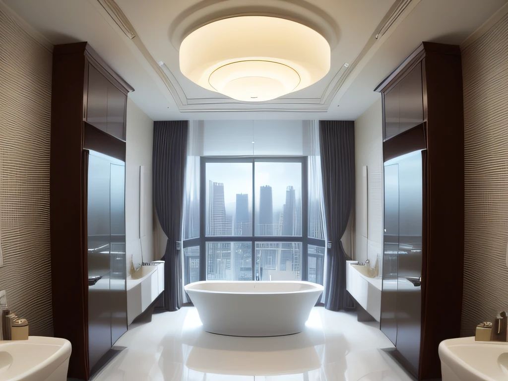 Bathroom in the 5-star hotel Presidential Suite,The whole is white tone,Bright and open,There are floor-to-ceiling windows