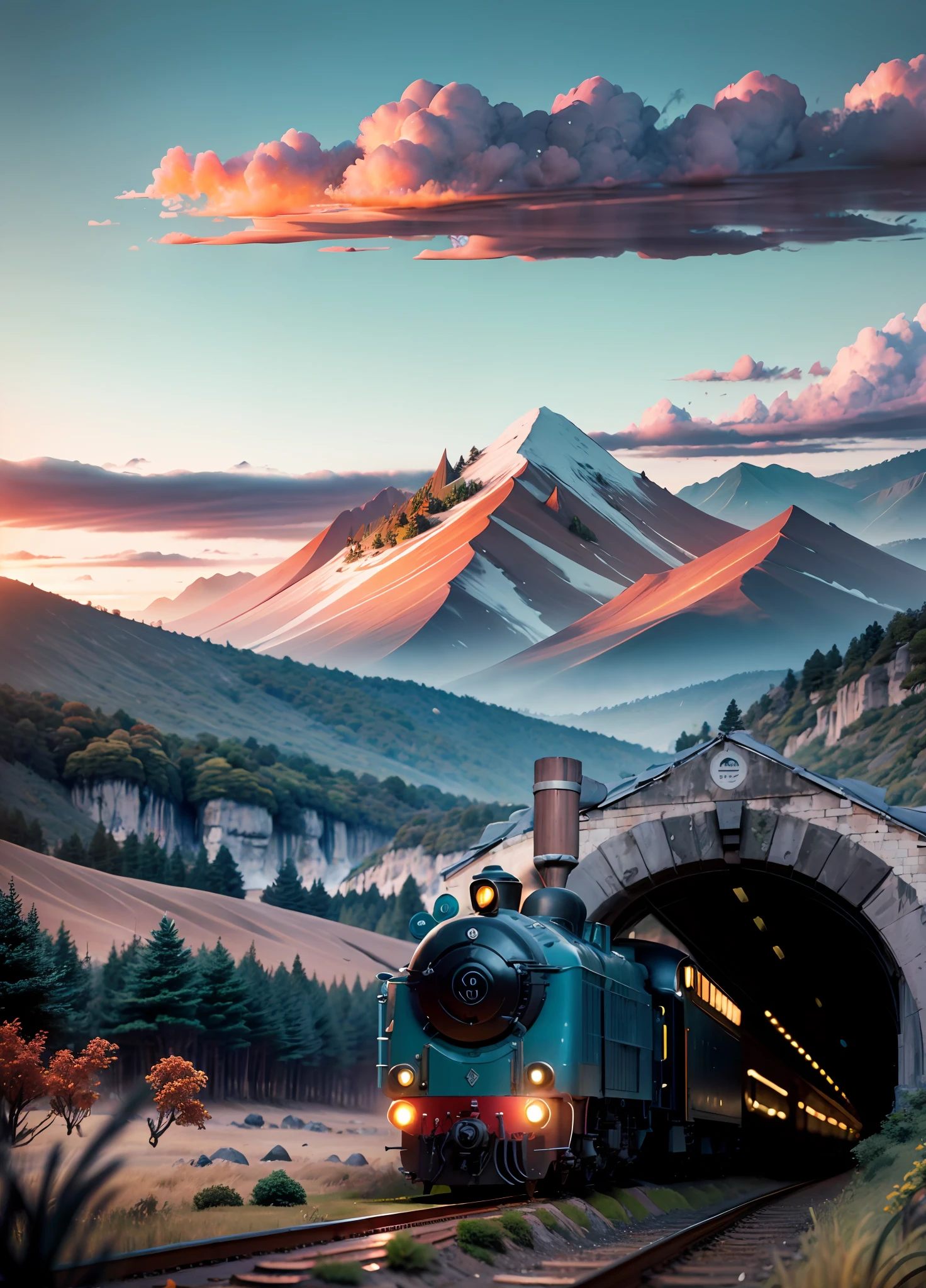 landscape, A mountain in the jungle, AA train is moving from the top, the train is in the style of an 18th century steam train, the train is red in appearance, the whole landscape is autumn, Lighting details, Anime style with defining strokes, Dark background with noon sun light, 8K, hyper HD, severe low lighting, High quality, Sharp focus, Fujifilm XT3