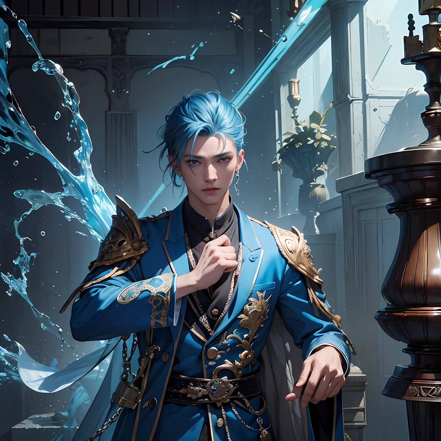 (masterpiece、top-quality), intricate detailes, 8K, art stations, wall-paper, Official Art, splashart, foco nítido, ung boy、blue hairs、Tun-tsun head、Blue-haired、 Liquid clothes、Eau、Blue suit、shoun --auto
