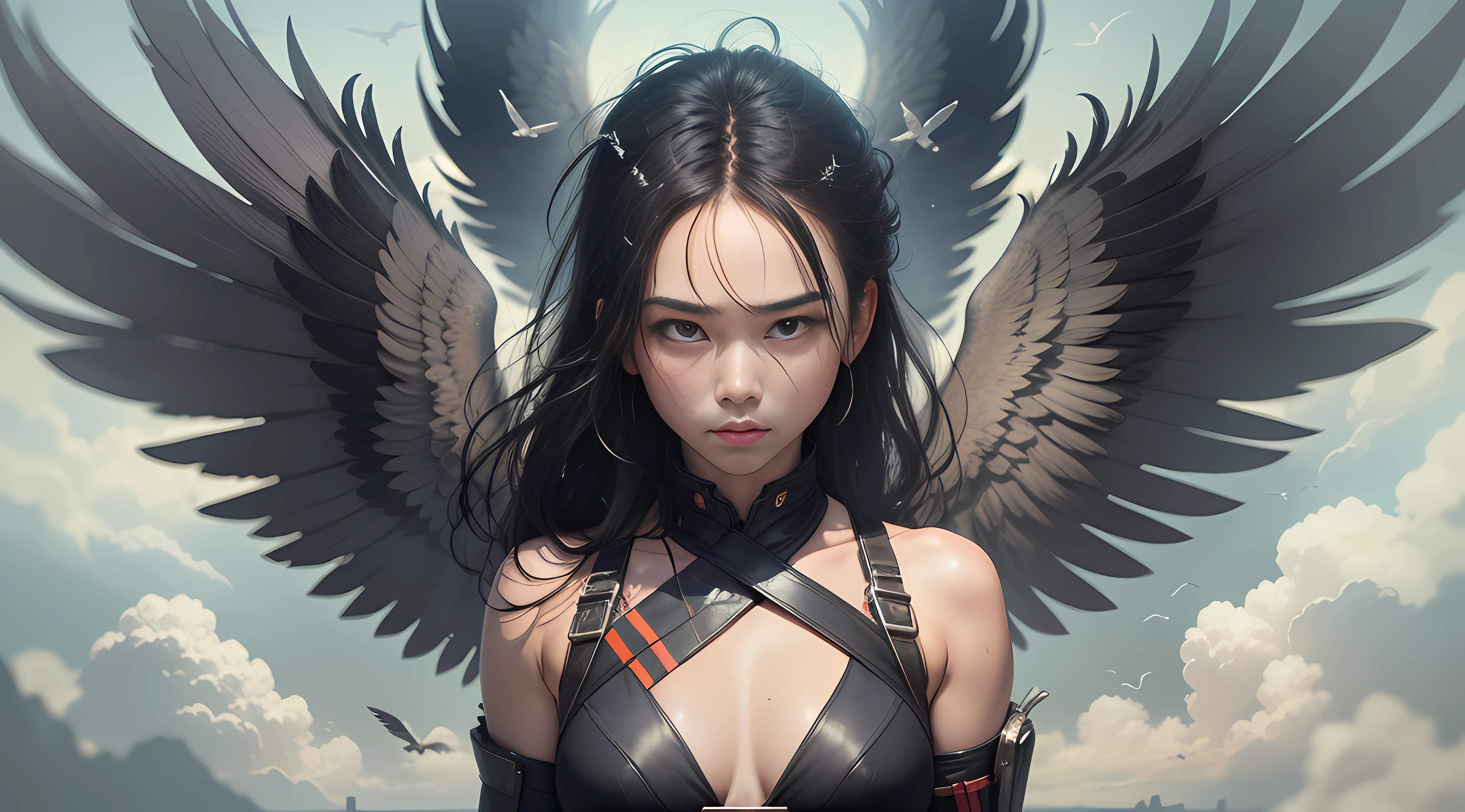 The picture is magnificent,The image is unique。The character is at a high place,Beneath your feet is an endless abyss。There are flying birds dotting the distance。The characters are impressive,The face is resolute,Sharp eyes,Weapon in hand,The expression seemed to promise something,What to admonish。Enemies in the distance,It seems to be a thing of the past。If you can cross his gaze,You can see the whole land,the expanse。