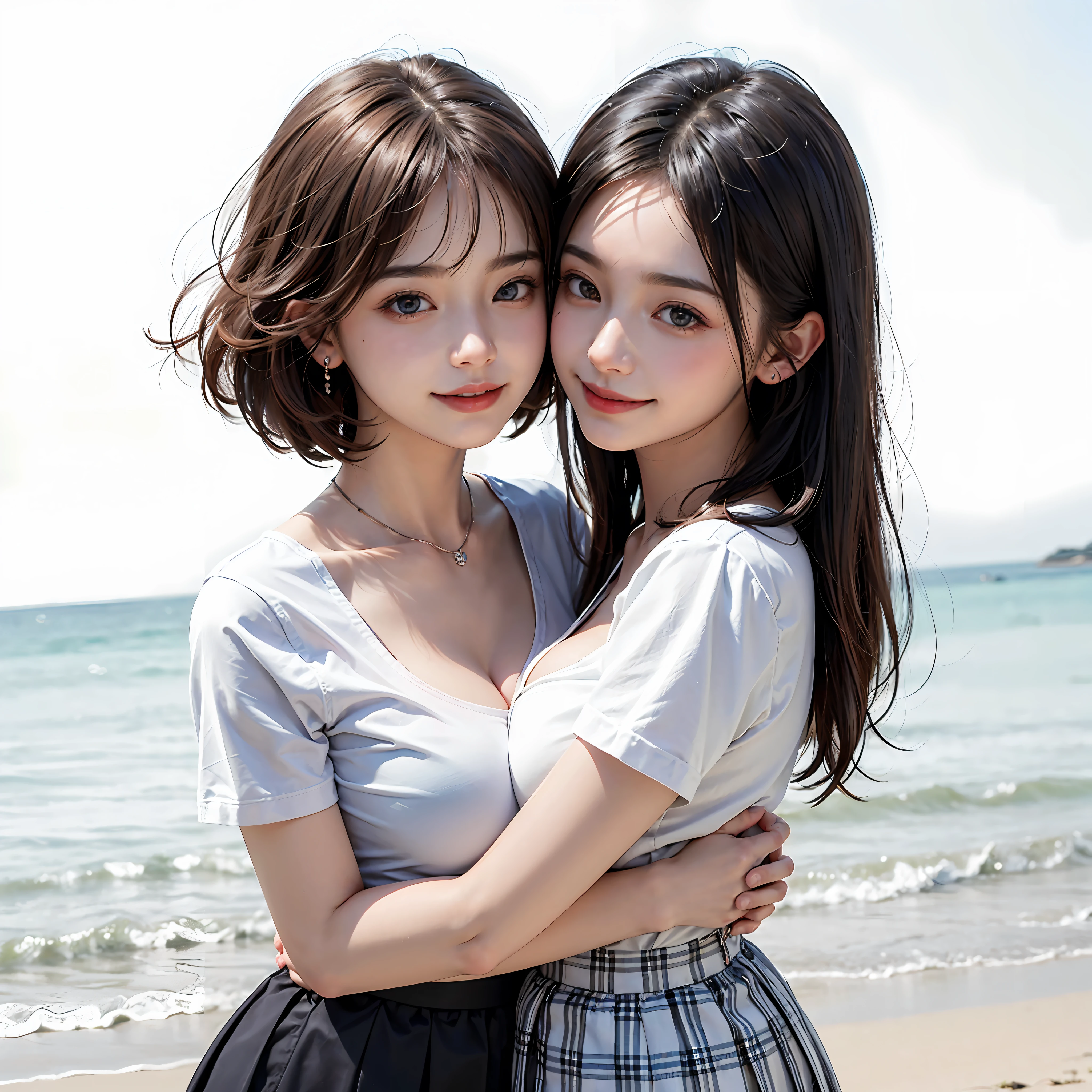 Two people facing each other and hugging happily、Two people hugging each other happily、Two people hugging each other tightly、Two people put their cheeks together、Two people touching cheeks with cheeks、Both of them are staring at the camera slightly above、Look firmly at the camera、Lesbian couple、Lily couple、((Bring your cheeks together、30-years old、Both supermodels are 190cm tall、high-angle、Look up at the camera at the top、Straighten your back))、Two pretty and pretty girls、masterpiece、top-quality、realisticlying、realisitic、Seductive bright smile、Both of them have short clean hair with bangs、Both have bangs、bangss、Both have short hair、Both have pretty hair with bangs、Short sleeve white shirt with collar、White shirt with collar、(Plaid pleated skirt)、enticing eyes、Both have very large breasts、very Bigger breasts、Big ass、big breasts thin waist、(cleavage of the breast)、(Immaculate white background with nothing really)、ighly detailed、Very tall、neck long、the neck is long、Straighten your back、Put your ears out、Highlights in the eyes、lipgloss、glowy skin、White-colored skin、Clean collarbone、closes mouth、Close your mouth and smile、Happily、Nice proportions、lovely、Charming and endearing、Colorful random collar shirt、Colorful random color skirt、Do not add shadows、No shadows、No shadows on the face、natural soft light、natural soft light、Gentle light、A little wind blows、Slightly affected by wind、Hair fluttering in the wind even a little