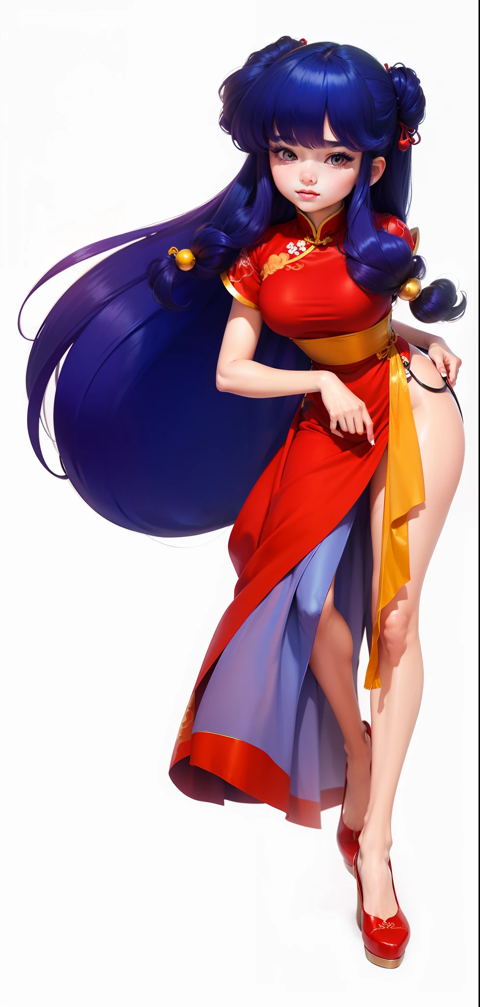 Beautiful 17-year-old girl in red Chinese dress, cabello morado super abundante, zapatillas rojas, small waist and large breasts, reduce the size of the eyes