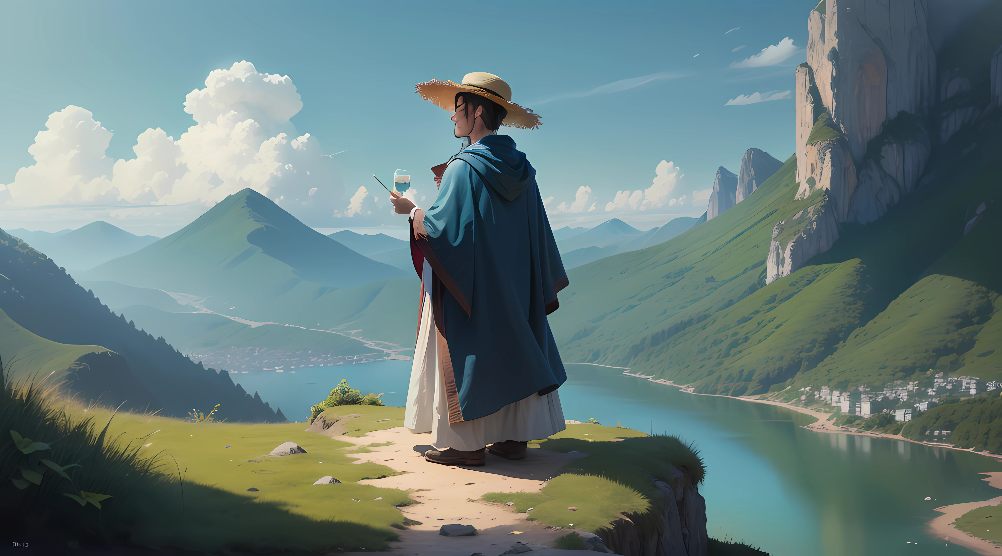 (best quality, masterpiece),High slope,A high resolution,Quiet,Green Mountains and Green Water,The sky was blue,(1 man),With a straw hat,Wear a loose cloak,(Looking up slightly at the sky),Slowly coming up the high slope.