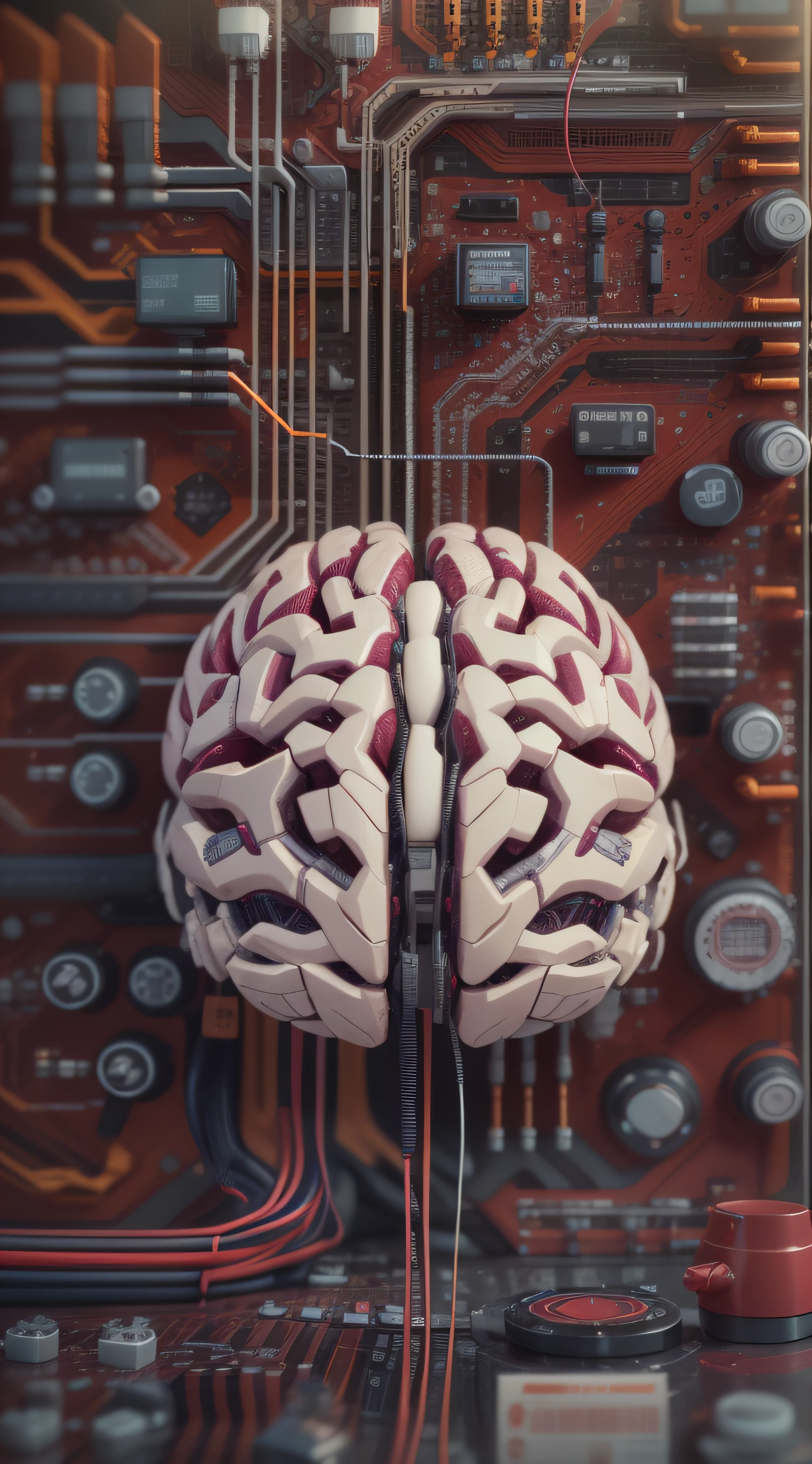 complex 3d render ultra detailed of a beautiful porcelain human brain, cyborg, robotic parts, 150 mm, beautiful studio soft light, rim light, vibrant details, luxurious cyberpunk, lace, hyperrealistic, cable electric wires, microchip, elegant, beautiful background, octane render, 8k, black olive, burgundy colors, coral color, deep colors, dark violet