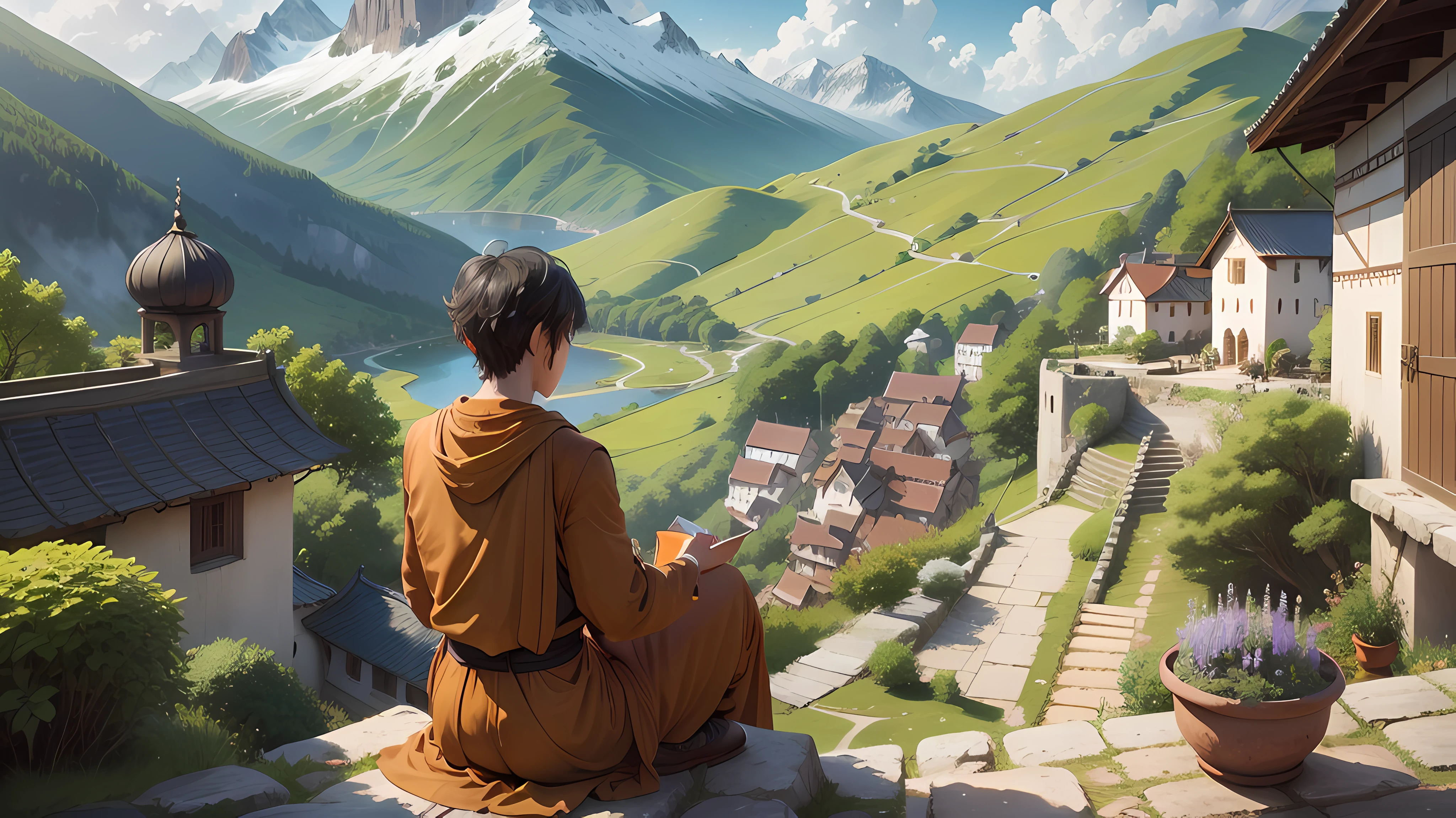 (best quality, masterpiece),High slope,A high resolution,Quiet,Green Mountains and Green Water,The sky was blue,(1 man),With a straw hat,Wear a loose cloak,(Looking up slightly at the sky),Slowly coming up the high slope.