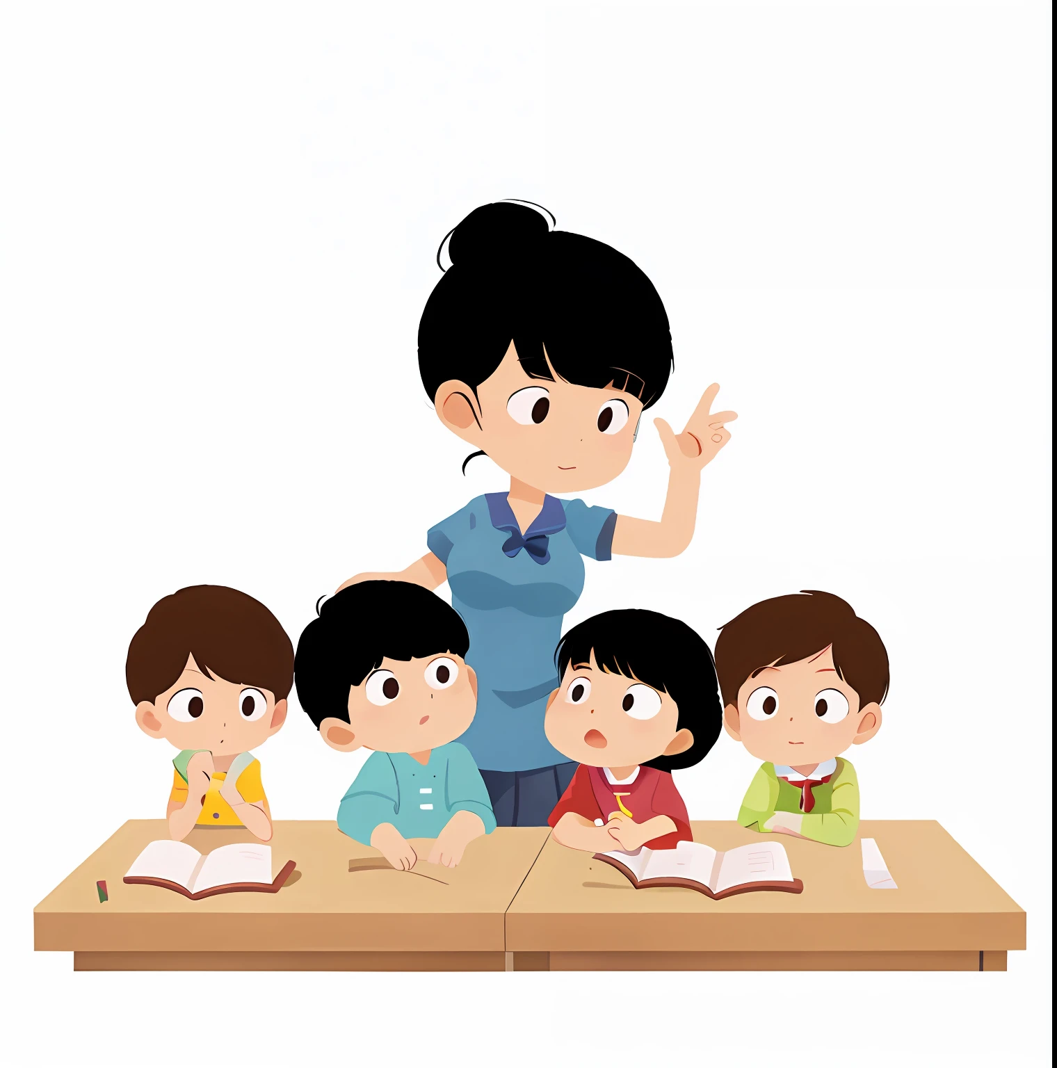 There is a woman who teaches children how to read, Teacher, children illustration, Classe escolar, In a classroom, textbook illustration in clolour, Simple illustration, as a strict school teacher ), In the school classroom, exciting illustration, School Classroom, children's book illustrations, Classroom, children illustration, children's book illustrations, Children\'s illustration, Sitting in the classroom,solid color backdrop