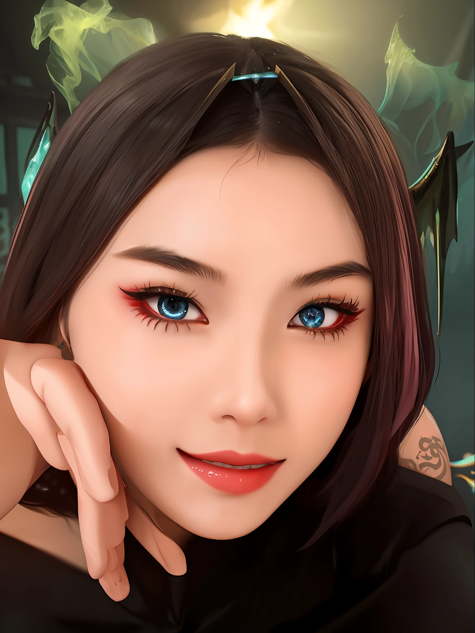 Masterpiece, top quality, pink hair, blue lightning, realistic, realistic details, high detail. Blue clothes. Blue Thunder. Blue crystal. Black suspended particles. Black smoke. Black crystals around. Black smoke wafts around. Warping the body. Warping the body. Horn. Darkness. Ochi Yami Yugi. Laugh. Very short. Boyish. Short hair. Short hair.
1 girl, beauty, , fine skin, anicos_No one,, navel, detached sleeves, bare shoulders, center opening, cleavage between breasts, middle breast, long feather hair clip, blue hair ornament, thigh height,watch viewer,isekai, ochi yami play. Temptation. Brainkill. Tattoo. Demon Tail. Gold pattern at chest. Luminescent tattoo. Luminescent tattoo. Devil's wings. Black and gold tiara. Tiara. Complex and luxurious tiara. Smile. Luminescent blades.
