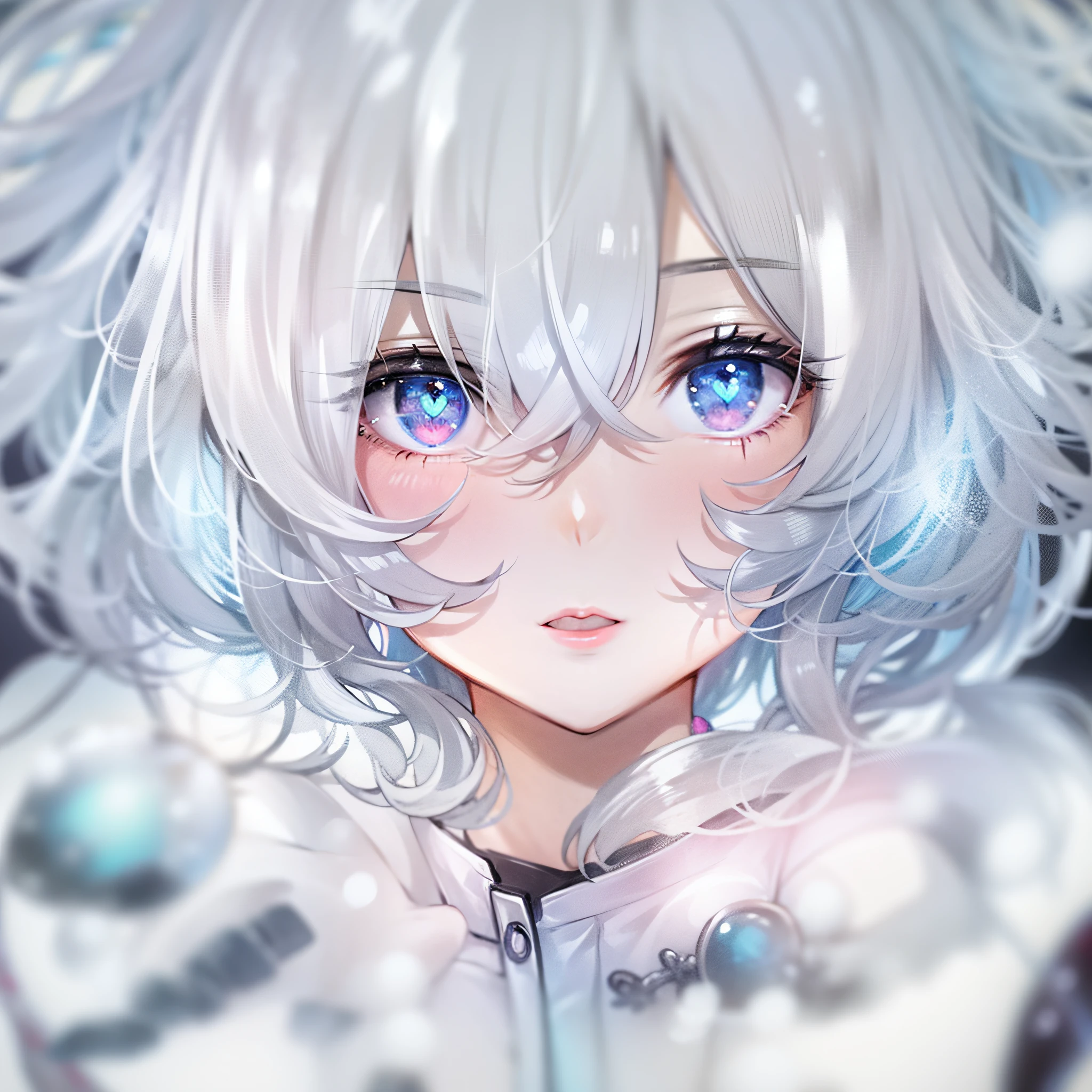 hair bobbles, longeyelashes, short hair, white hair, hairpin, aqua eyes, heart in eye, jealous, anime, first-person view, polar opposites, tachi-e, 8k, super detail, ccurate, best quality, 16k