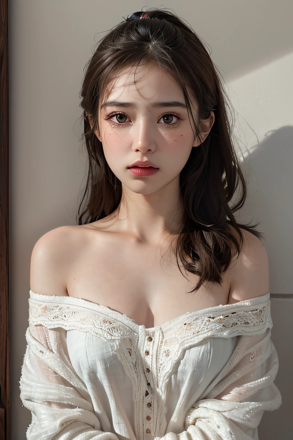 Best quality, masterpiece, ultra high res, (photorealistic:1.4), raw photo,  (Authentic skin texture:1.3), (film grain:1.3),  panorama, character portrait,  very wide shot, narrow waist, cowboy shot, (in the dark, deep shadow, low key, cold light,) night, close-up,  streaming tears, 
indoor, dust, Tyndall effect, sad, disappointed, gloom (expression),  sitting,  (against wall), crying, frown, (head bowed), nervous, tearing up, lonely,
1girl, beautiful detailed eyes and face, white jabot, off shoulder, brown eyes,