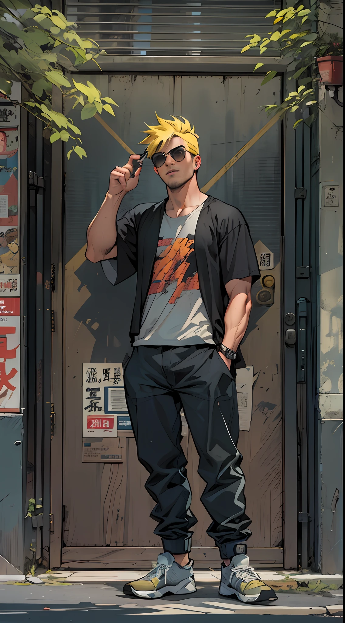 A handsome adult man,short yellow hair，Wearing sunglasses，Standing at the street entrance wearing a black T-shirt， In the style of Chinese punk, marvel comic, hyper-realistic oil, vacation dadcore, Strong use of contrast, animation