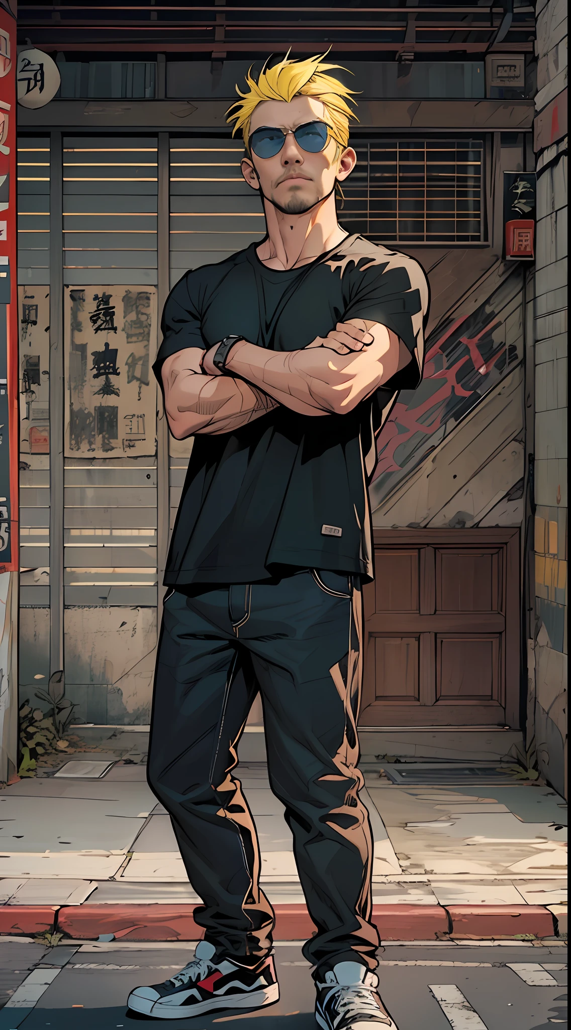 A handsome adult man,short yellow hair，Wearing sunglasses，Standing at the street entrance wearing a black T-shirt， In the style of Chinese punk, marvel comic, hyper-realistic oil, vacation dadcore, Strong use of contrast, animation