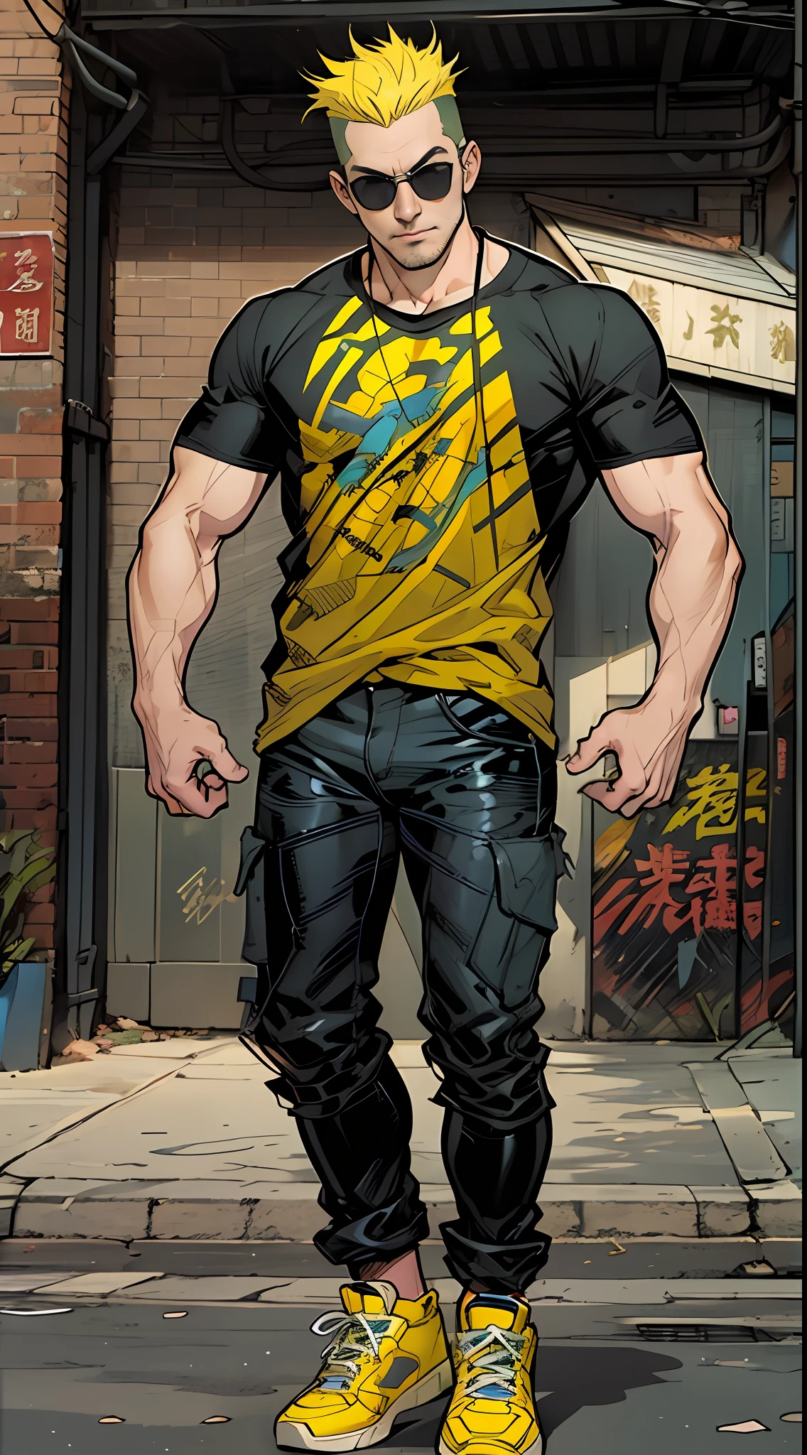 A handsome adult man,short yellow hair，Wearing sunglasses，Standing at the street entrance wearing a black T-shirt， In the style of Chinese punk, marvel comic, hyper-realistic oil, vacation dadcore, Strong use of contrast, animation