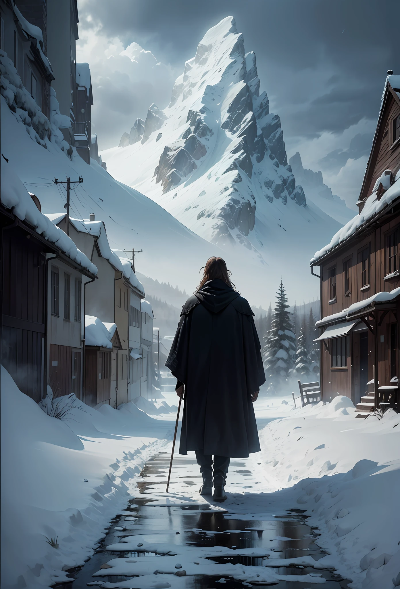 （（best qualtiy））， （（tmasterpiece））， （（ink））， Dark moody professional complex soft oil painting， Young man standing on a path in a snowstorm， Roll embroidered robes， Long beard， Golden Hoop Stick， Vast snow-capped mountains， Blizzarding， Medieval city sprawling in the distance， depth of fields， filmgrain， lisses， Rough， reallife， The light from the back window is backlighted， Hard rim lighting， cinematic ligh 《lord of the ring》stills from the movie|Krull|cannibal holocaust ，An Akita dog and a teddy bear walk together， --auto