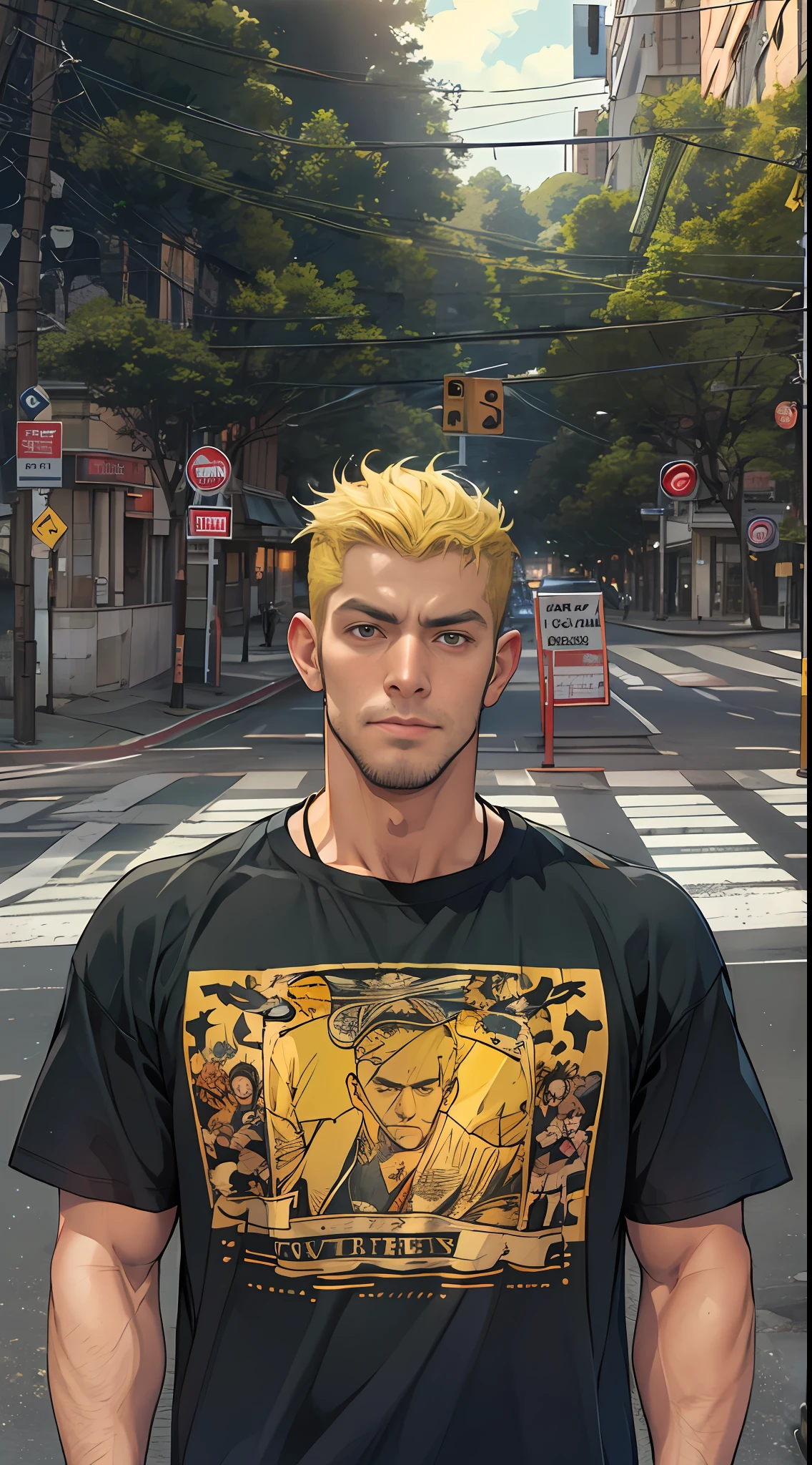 A handsome adult man, Wearing a black T-shirt and short yellow hair, Stand at the intersection of the street