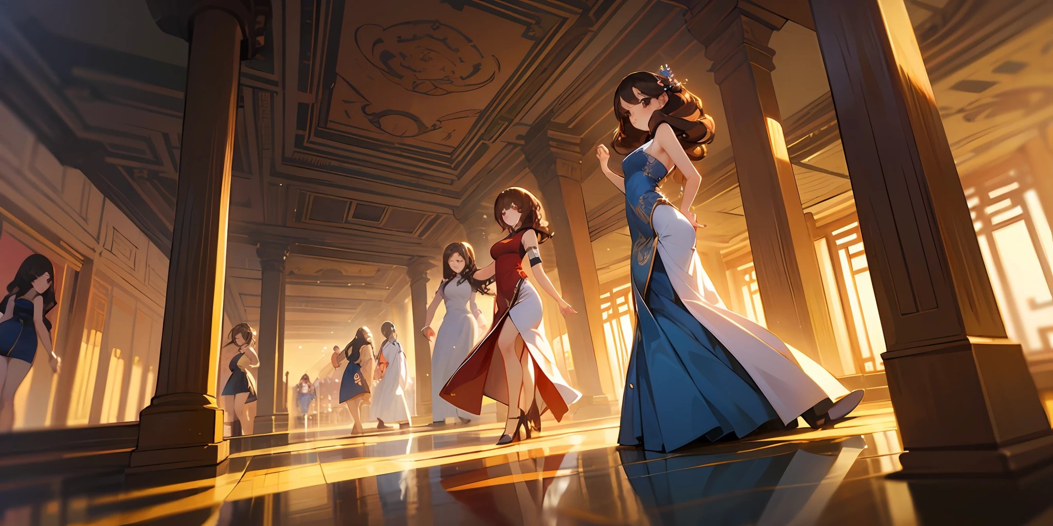 ((Thousands of, millions of, crowd of)), 100girls,crowded, long hair, brown hair, curly hair, hazel eyes,chinese dress, golden dress, sleeveless, sexy, many rows of girls, girls standing in formation, only girls, sisters, identical dresses, matching dresses, black high heels, looking at viewer, indoors, mansion, girls kicking, in sync, can-can --auto