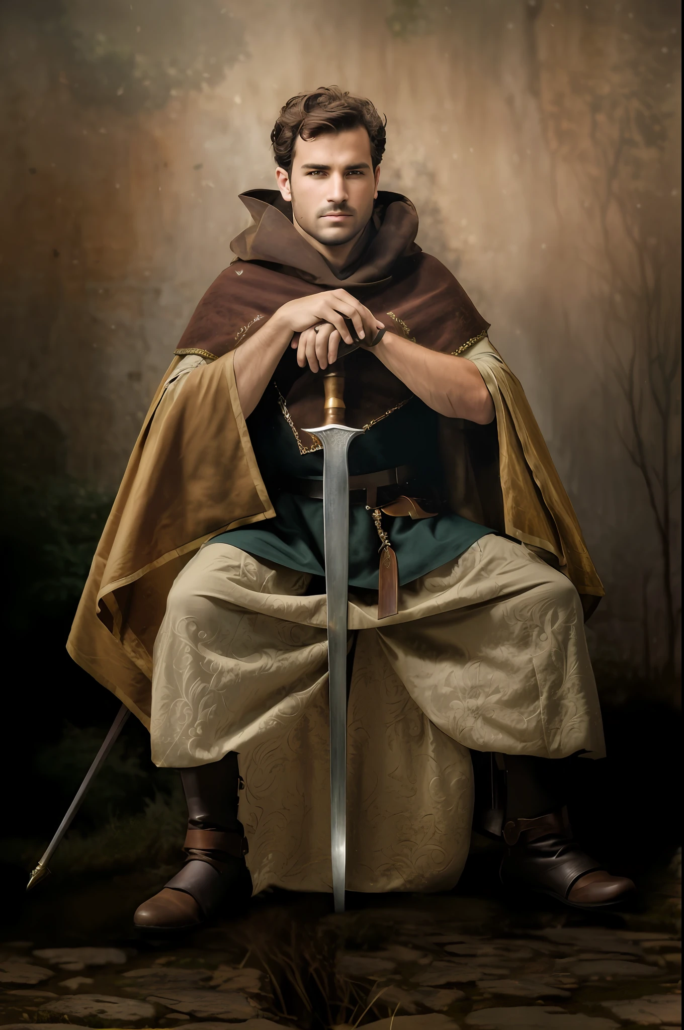 Homem arafed em uma capa marrom com uma espada sentada em uma rocha, retrato medieval, Foto do personagem de fantasia, fotografia de personagens, full portrait of magical knight, como um personagem de fantasia medieval, Guerreiro medieval, fotografia medieval, cavaleiro medieval masculino robusto, Retrato do cavaleiro, fantasy genre portrait, vestidos com roupas medievais, traje medieval, Retrato de um viking, foto de retrato