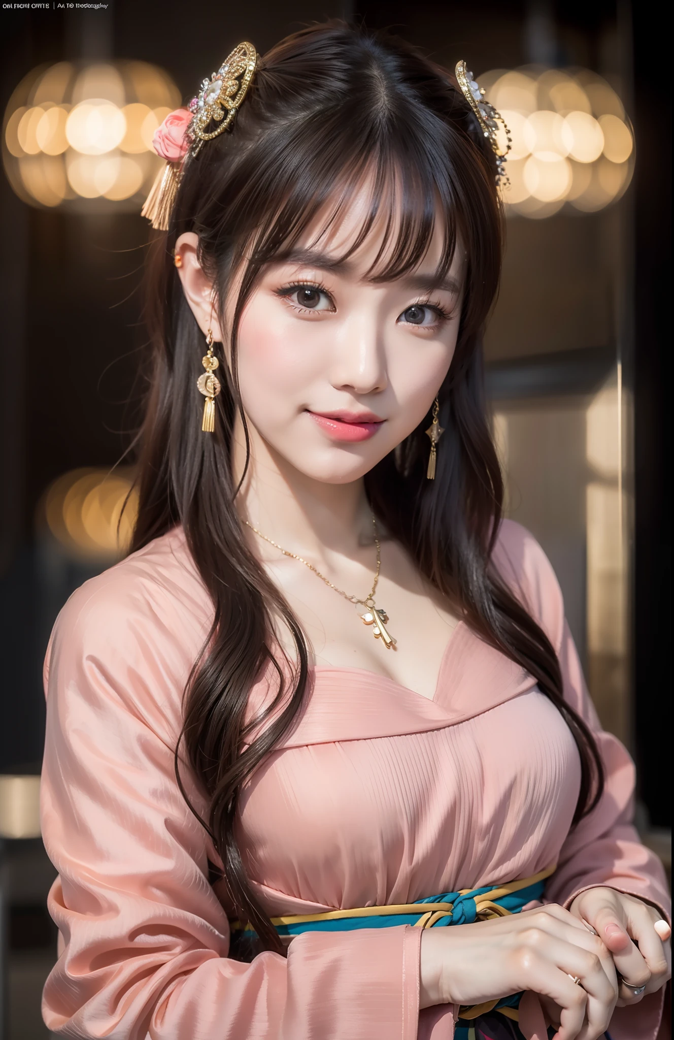 best quality, masterpiece, highres, 1girl,blush,(seductive smile:0.8),star-shaped pupils,china hanfu,hair ornament,necklace, jewelry,Beautiful face,upon_body, tyndall effect,photorealistic, dark studio, rim lighting, two tone lighting,(high detailed skin:1.2), 8k uhd, dslr, soft lighting, high quality, volumetric lighting, candid, Photograph, high resolution, 4k, 8k, Bokeh