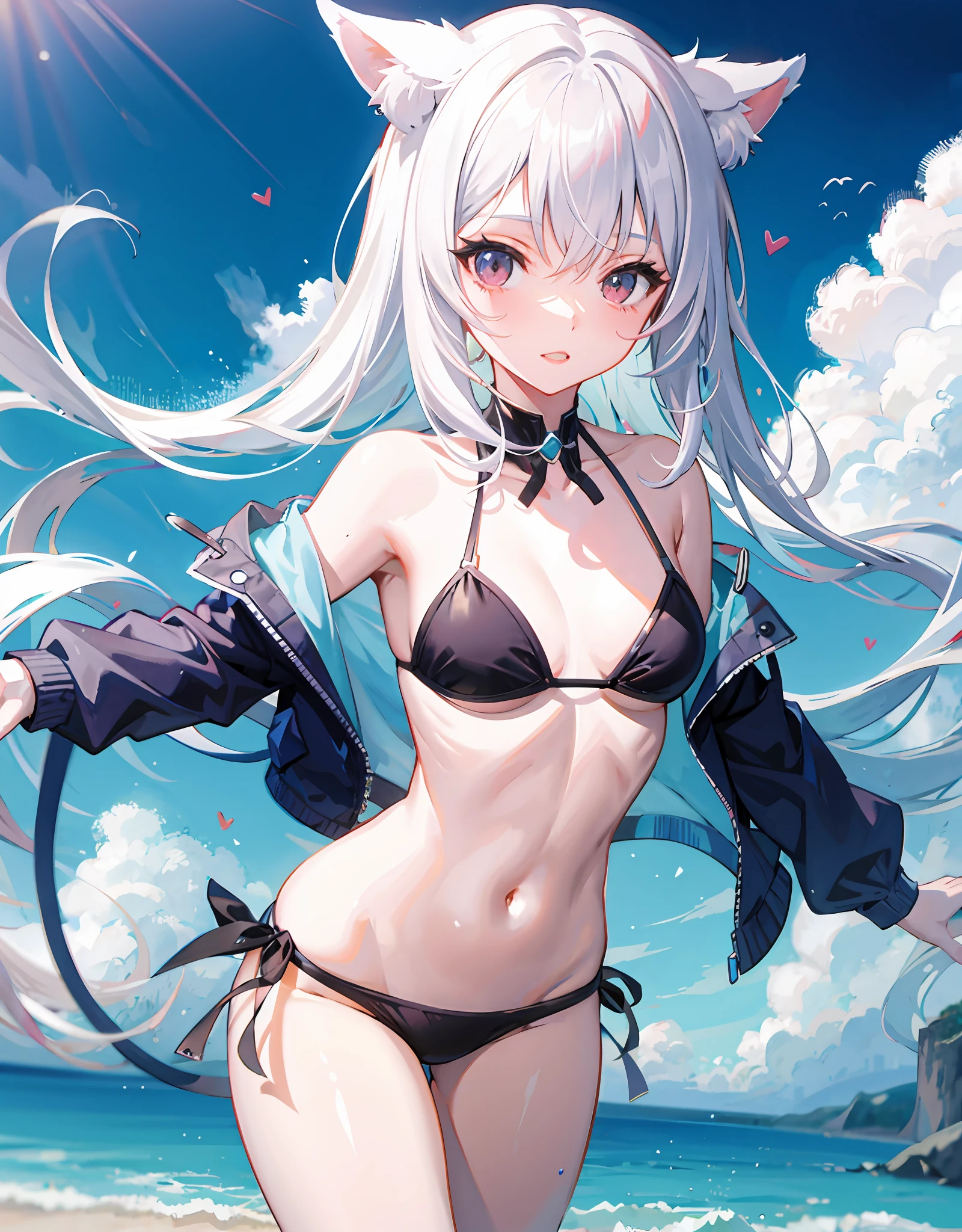Two-dimensional anime style white skin white hair cat ears, 16-year-old girl wearing bikini spread out hair pure love