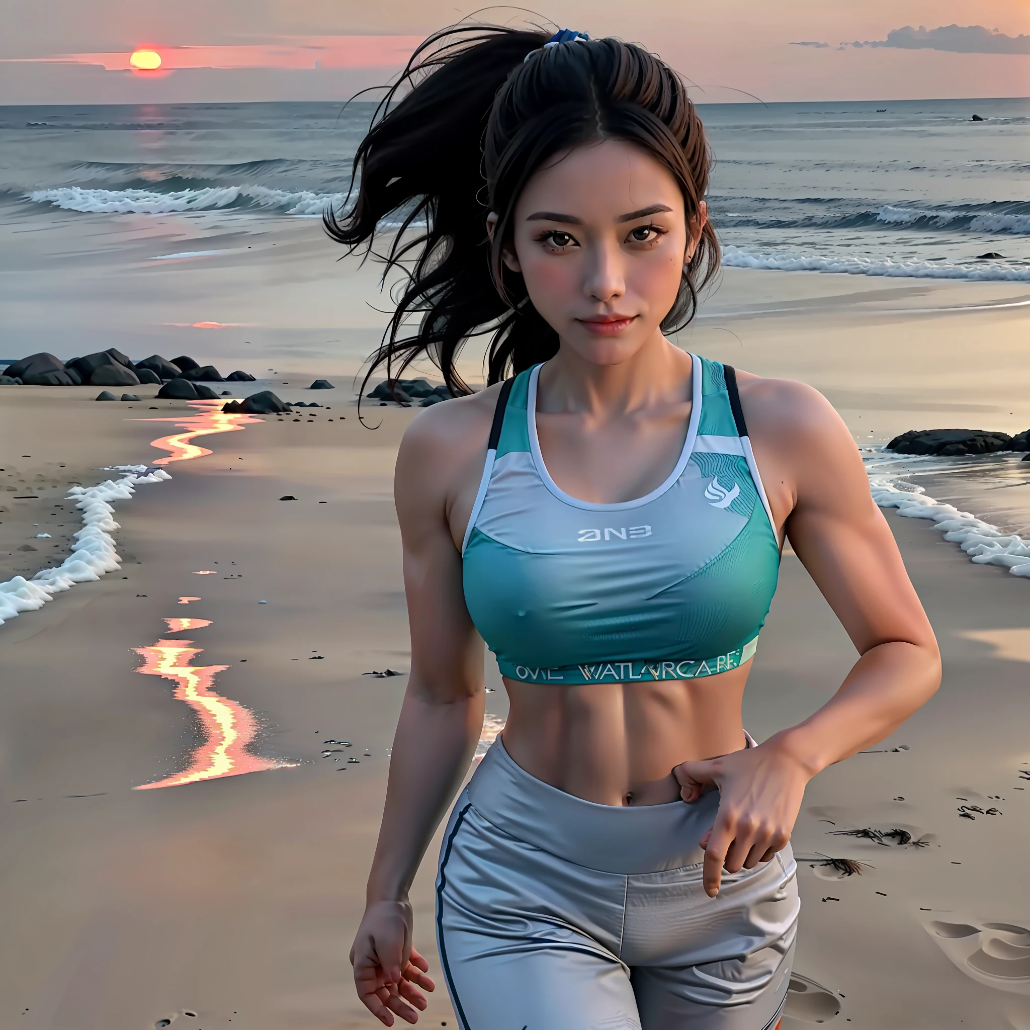 Fitness woman enjoying the sunset on the beach sand