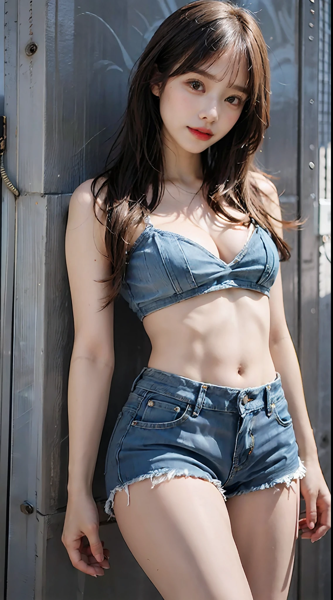 Girl in thin low cut camisole and tight denim shorts poses for photo、full body Esbian、Cropped T-shirt、bra very、Slim body、a large bust、Slim Girl Model、24歳の女性モデル、Beautiful body　Facing the front　Navel out　See all Lower abdomen　showing a beautiful belly　Too torn denim shorts　Shabby denim shorts　Thigh exposure　Shabby string camisole　Only the strings are too short a camisole　Too short denim shorts　genitals are visible　Low-rise denim shorts　Micro Denim Shorts　Scanty　Very small panties in denim　Show your beautiful body more　Denim shorts lace only　String Denim Shorts　Very shabby denim shorts　Denim shorts with zipper open　No panties　large boob　Denim Small Micro Bikini　full body Esbian　Viewer's Perspective　Very small panties　All pubic hair is visible　I can see all of my stomach　Show so much skin