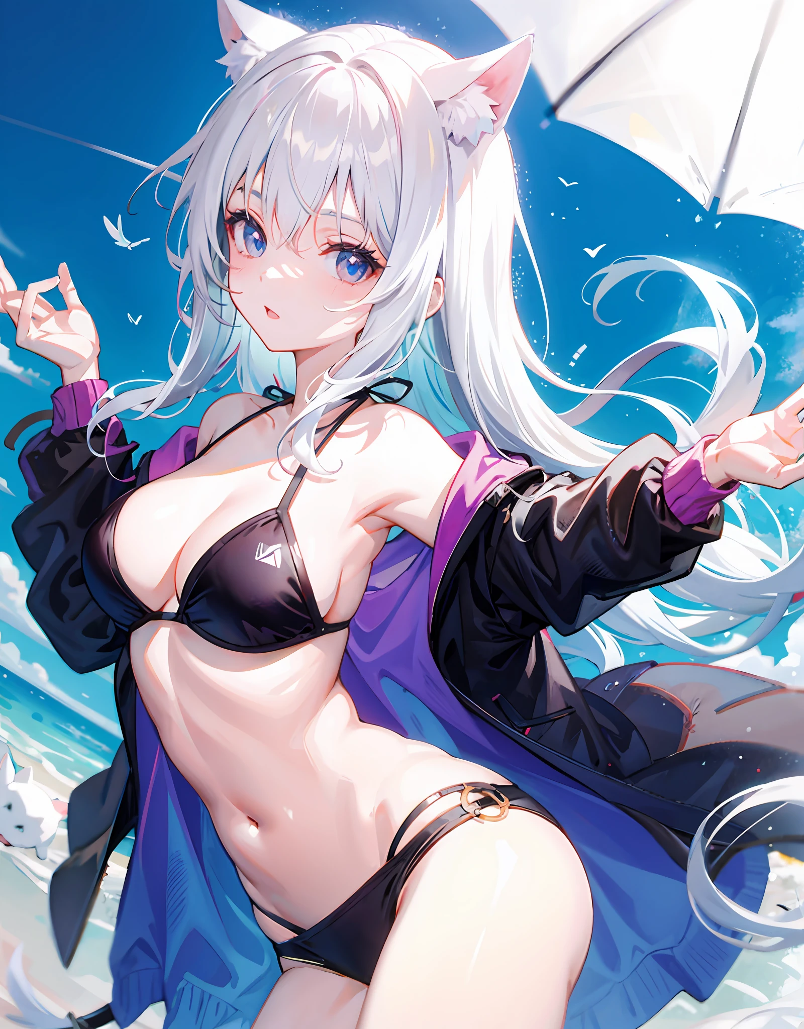 Two-dimensional anime style white skin white hair cat ears,  wearing bikini spread out hair pure love