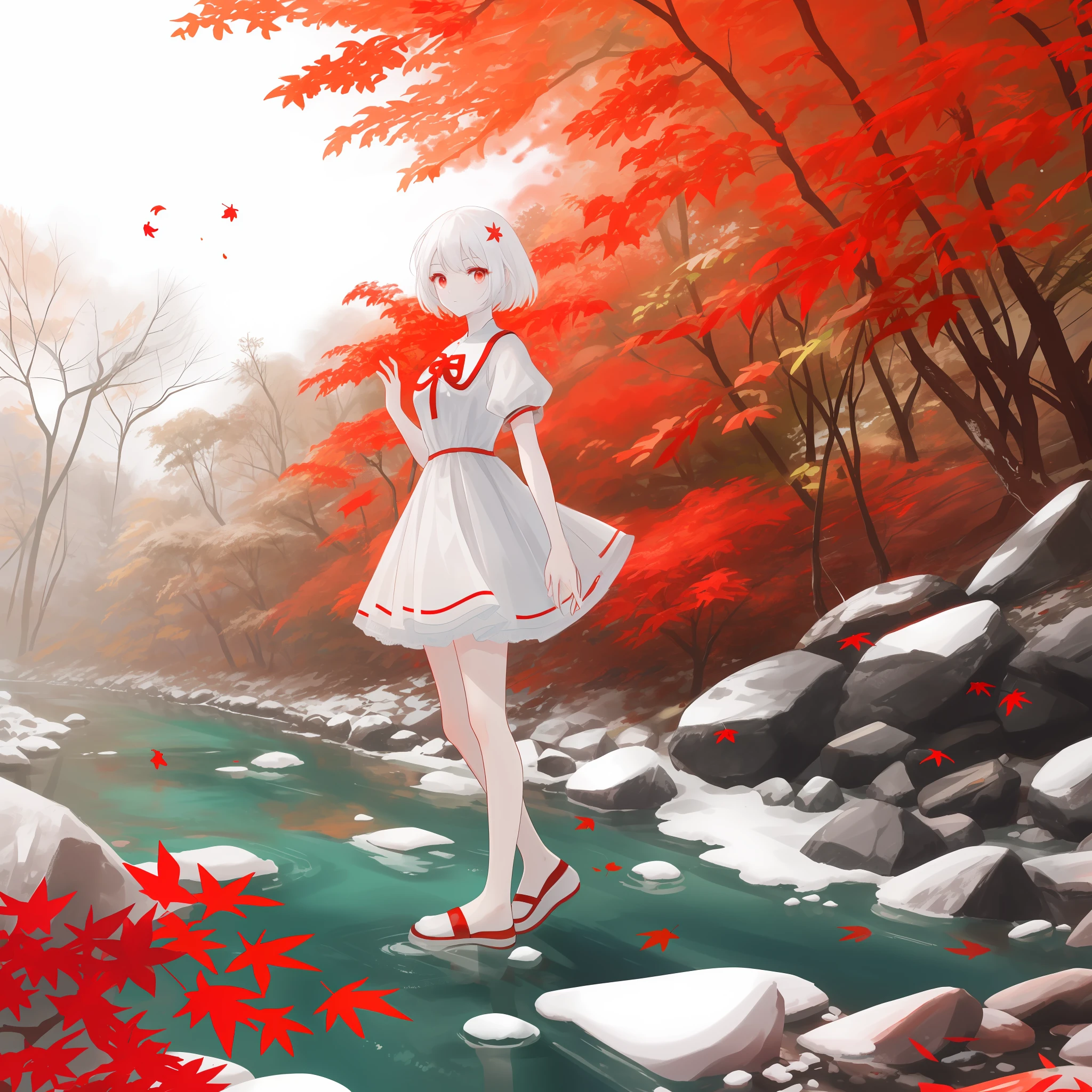 white color hair，red color eyes，Wearing a snow-white short dress，jade foot，Stand in the middle of a forest with red leaves，In front of you is a fantastic river，Countless red fallen leaves float on the river，tmasterpiece，HighestQuali