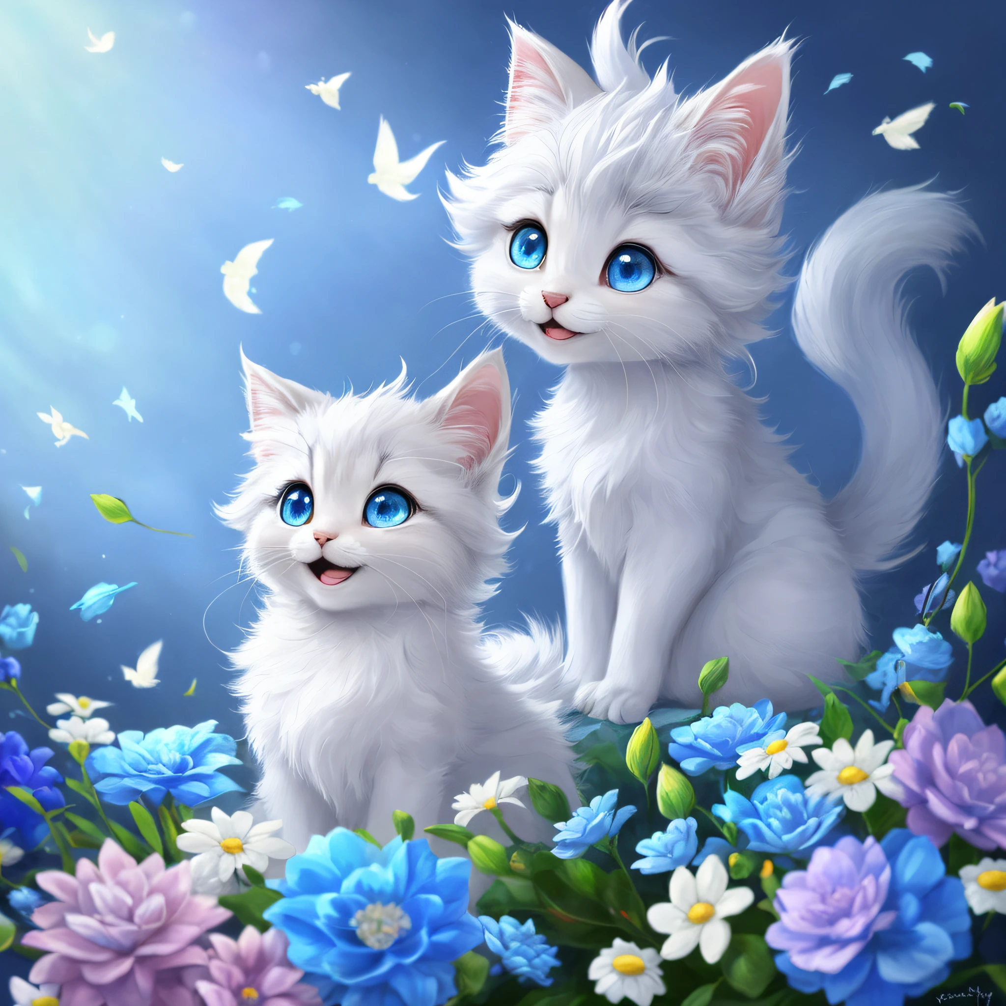 A kitten with a small tail, a small nose, small ears, blue eyes, blue background, flowers, vases, dreams, open mouth, smile, Caroline Chariot-Dayez pastels, tumblr, furry art, elokitty, Disney's Bambi cat, Disney's stylized furry, ear floating, fluffy tail, human cat, fluffy ', fluffy !!!, high resolution, furry art!!!