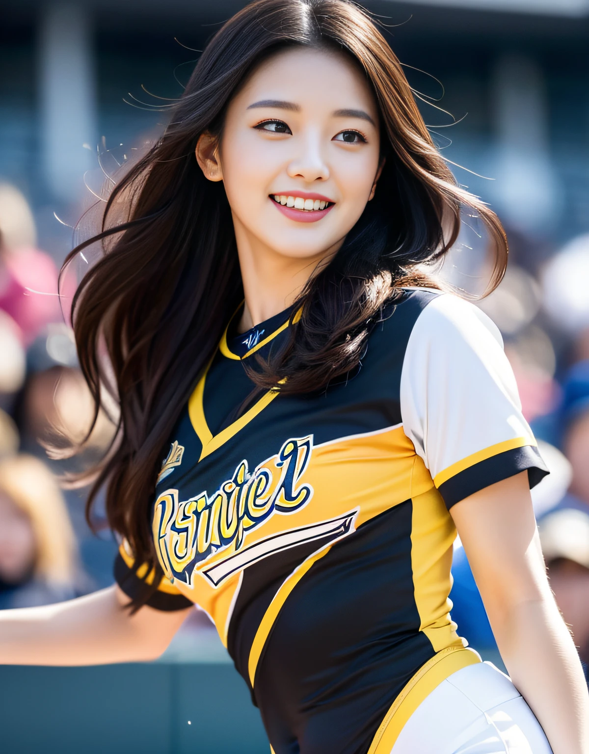 8K UHD, DSLR, Raw foto, Photorealistic, ultra realisic, Cinematic Lightning, high detailed, high detailed skin, High Quality , Tamron SP 70-300mm F/4-5.Photo taken by 6,The highest quality, Big breasts and thighs seen a lot, The ultra-Highres, slim waist, Lovely smile, highly detailed faces, Detailed lips, Detailed Eyes, Double eyelidd, Long black hair, Black-haired god, Outdoor cheerleading at a baseball stadium in South Korea, Bright and cheerful atmosphere, Lovely eyes, (cheerleader), Cheerleader costumes, Colorful costume colors, model poses, full body photograph,Bright and tight-fitting clothes, Sexy fashion