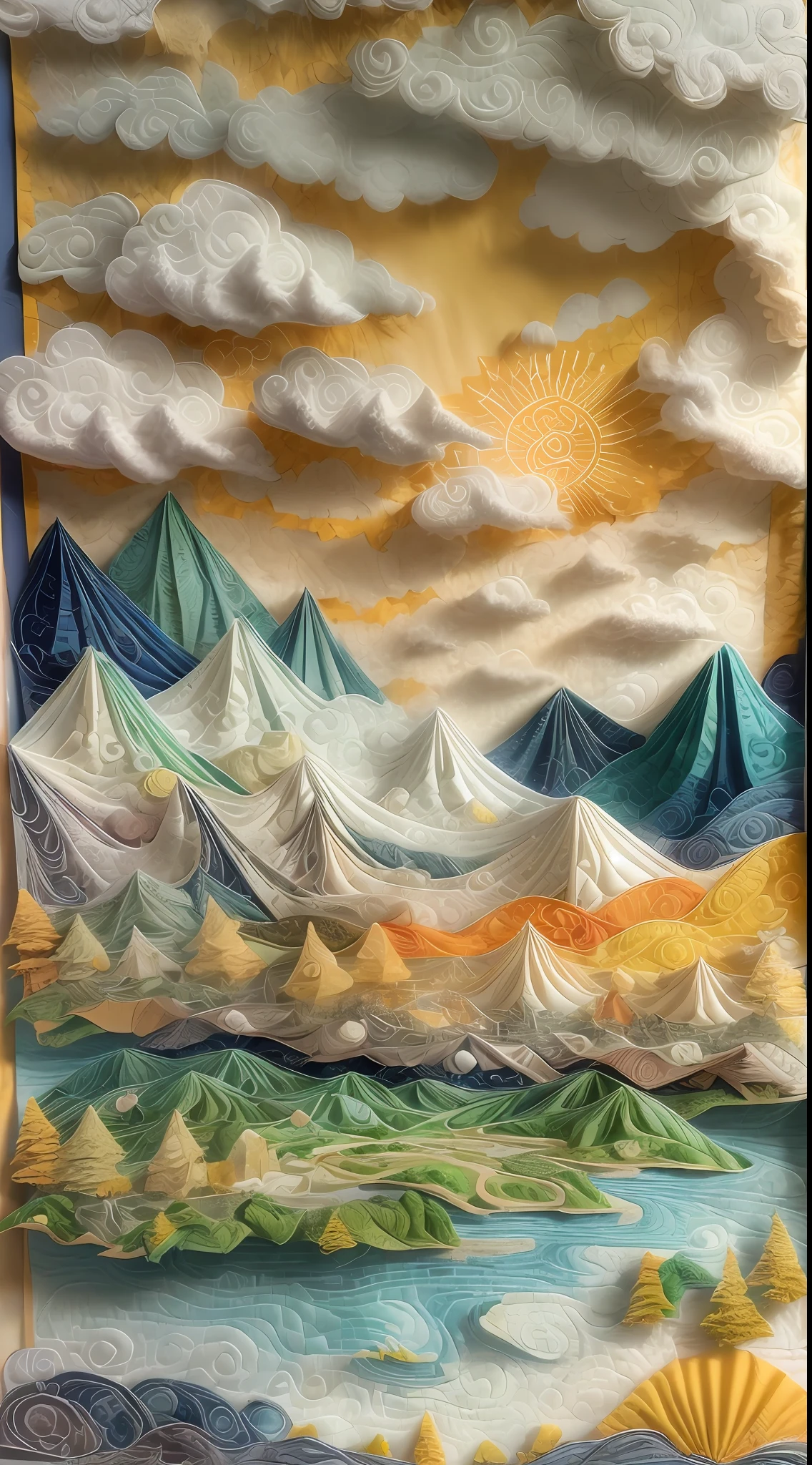 Sandbox:1.4),cinematic angle,(Sun, white clouds, mountains, forests, rivers),(paper art,Quilted paper art,geomerty),(extremely colorful, Best quality, Detailed details, Masterpiece, offcial art, movie light effect, 4K, Chiaroscuro)