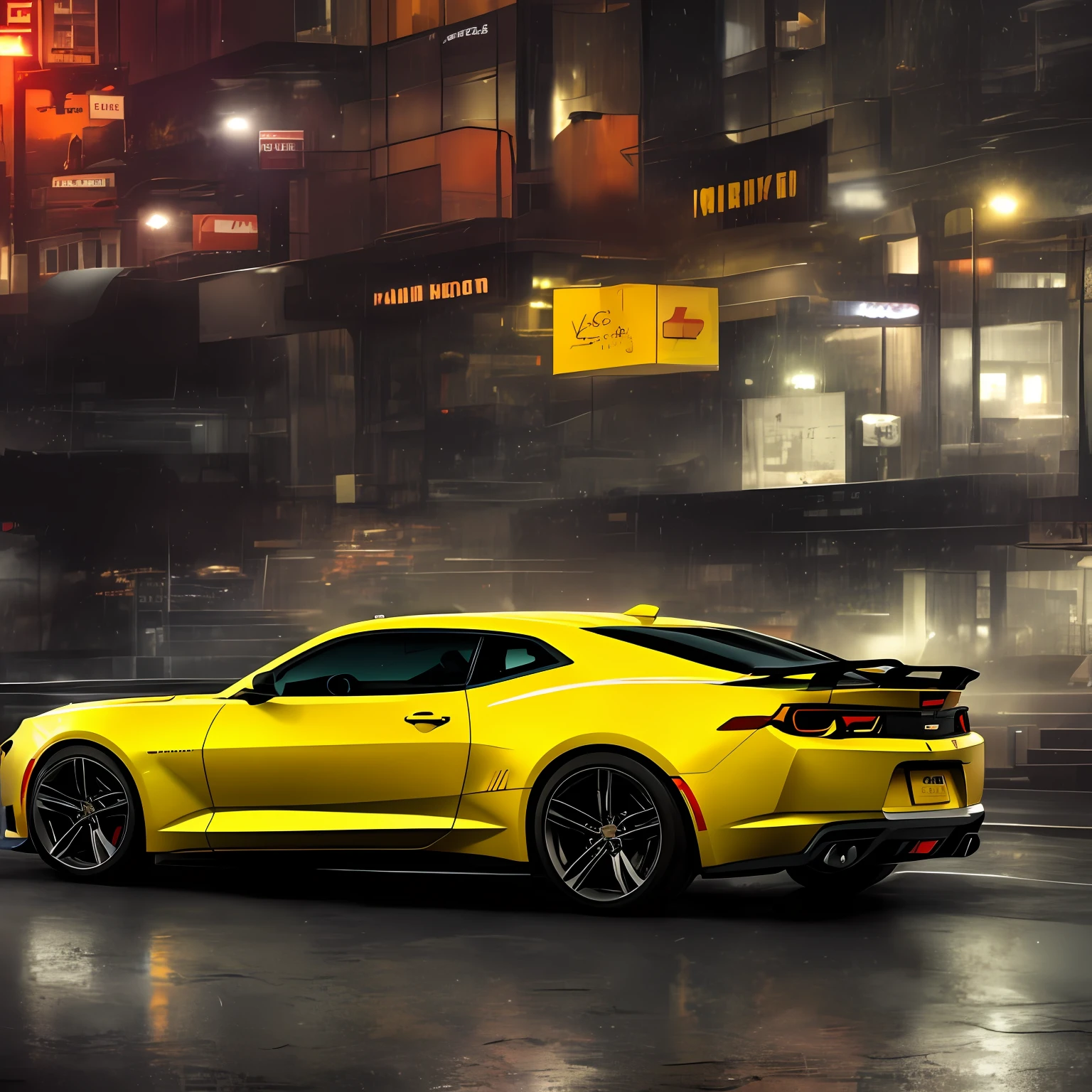 chevrolet camaro sports car rainy day city street muscle car violent aesthetic, Surrealism, Social realism, cinematic lighting, chiaroscuro, reflection light, Cubist Futurism, Expressionism, UHD, high details, highres, masterpiece, super detail, best quality, retina --auto