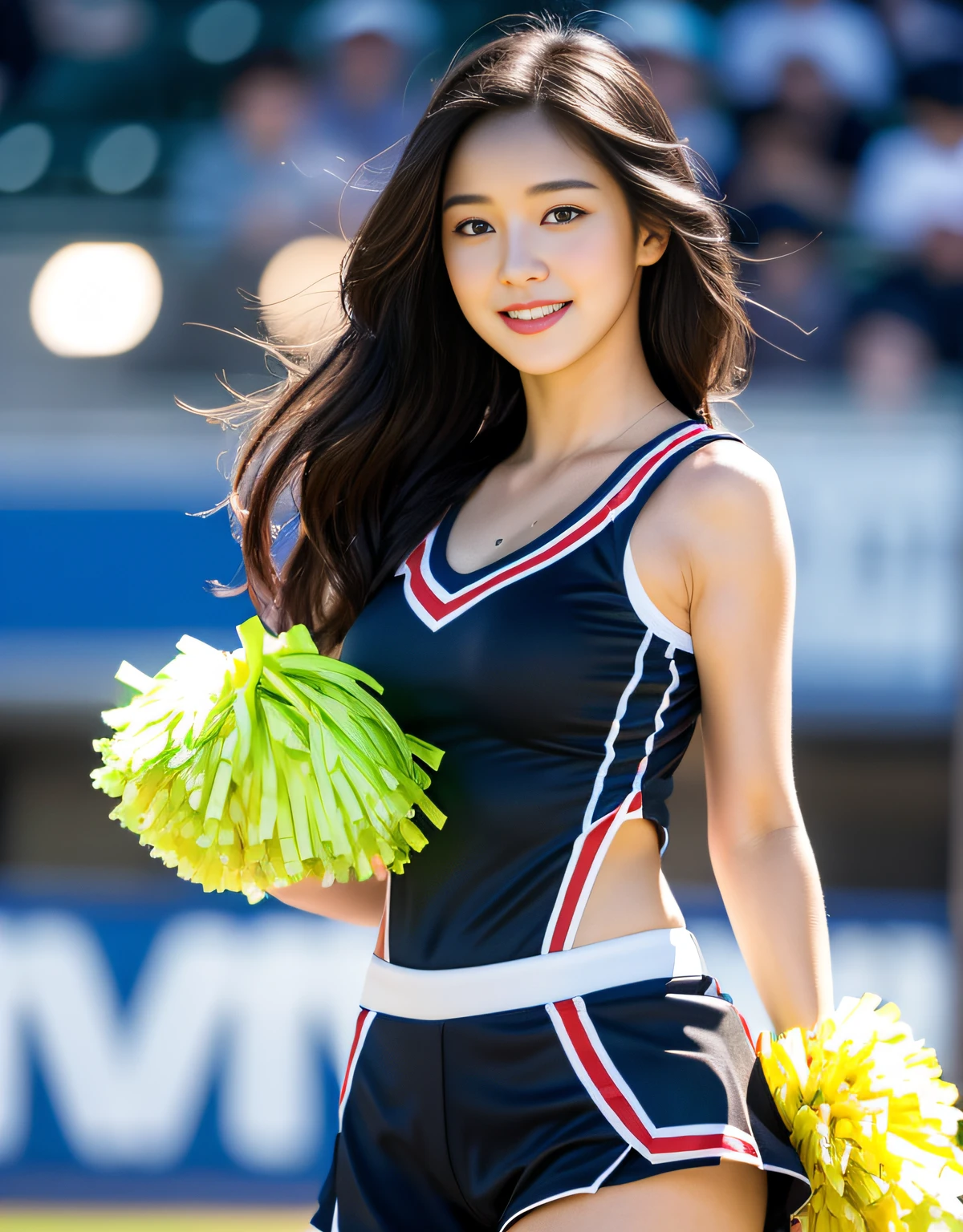 8K UHD, DSLR, Raw foto, Photorealistic, ultra realisic, Cinematic Lightning, high detailed, high detailed skin, High Quality , Tamron SP 70-300mm F/4-5.Photo taken by 6,The highest quality, Big breasts and thighs seen a lot, The ultra-Highres, slim waist, Lovely smile, highly detailed faces, Detailed lips, Detailed Eyes, Double eyelidd, Long black hair, Black-haired god, Outdoor cheerleading at a baseball stadium in South Korea, Bright and cheerful atmosphere, Lovely eyes, (cheerleader), Cheerleader costumes, Colorful costume colors, model poses, full body photograph,Bright and tight-fitting clothes, Sexy fashion
