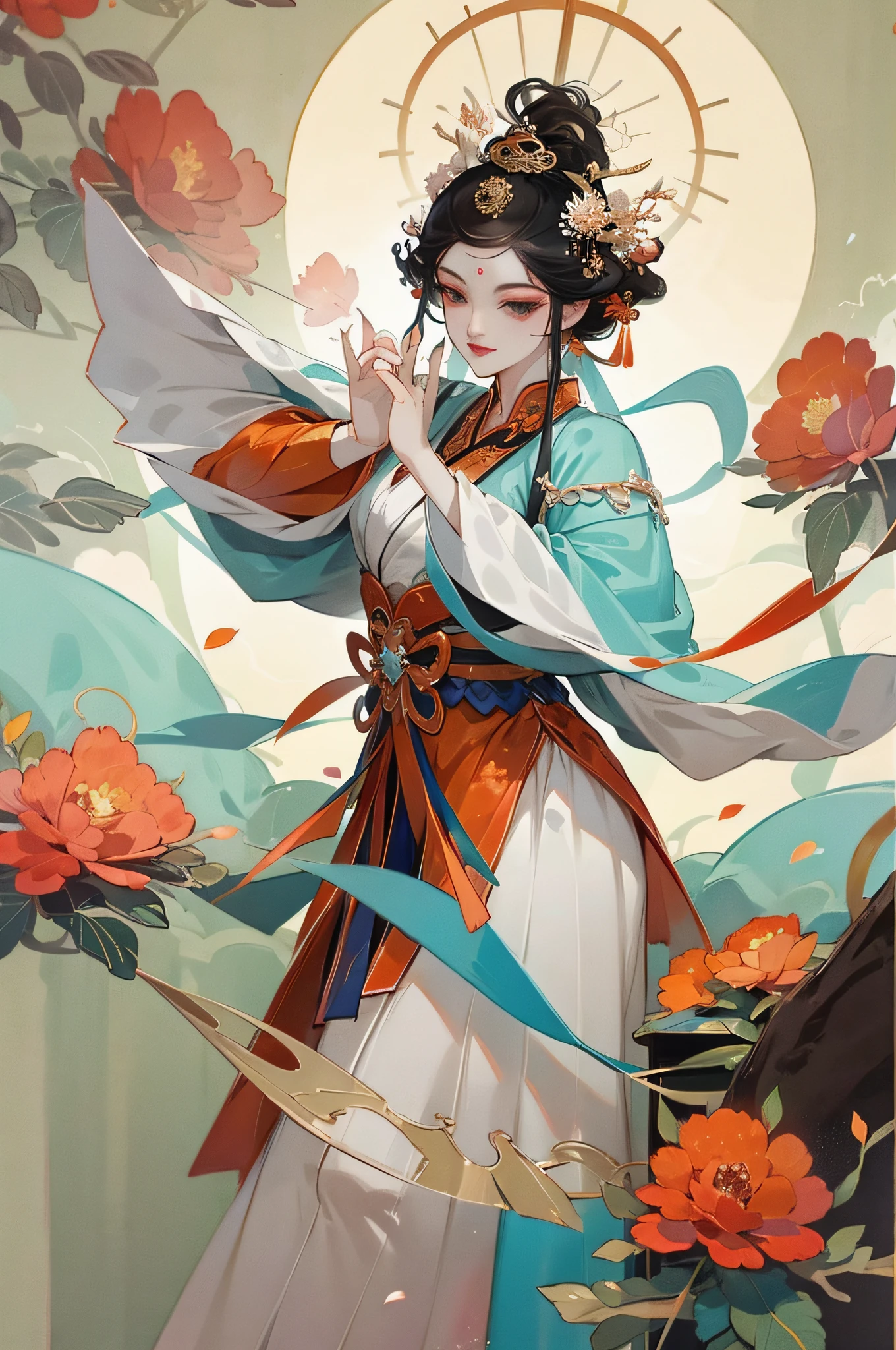 Divine beast Bai Ze, ember, Ancient Chinese clothing, gossamer, silkouette, Dance gestures, begonia, Begonia petals, Ink painting style, Refreshing colors, decisive cutting, Leave white space, impressionistic, tmasterpiece, ultra-detailliert, Epic composition, high qulity, HighestQuali, 4K-V6