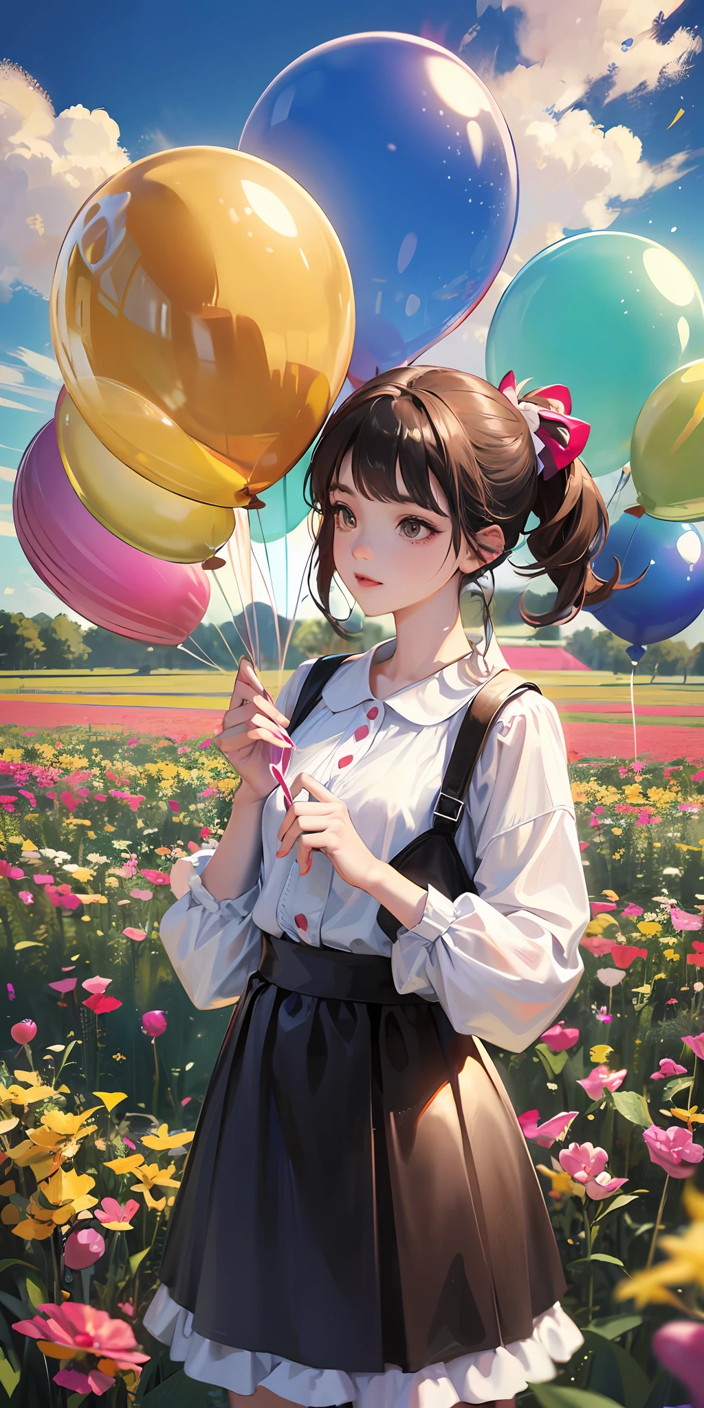 A girl ((Holding colorful balloons)),  In the field, Colorful balloons floating in the sky,  hyper-detailing,  hyper HD, Super realistic --auto --s2