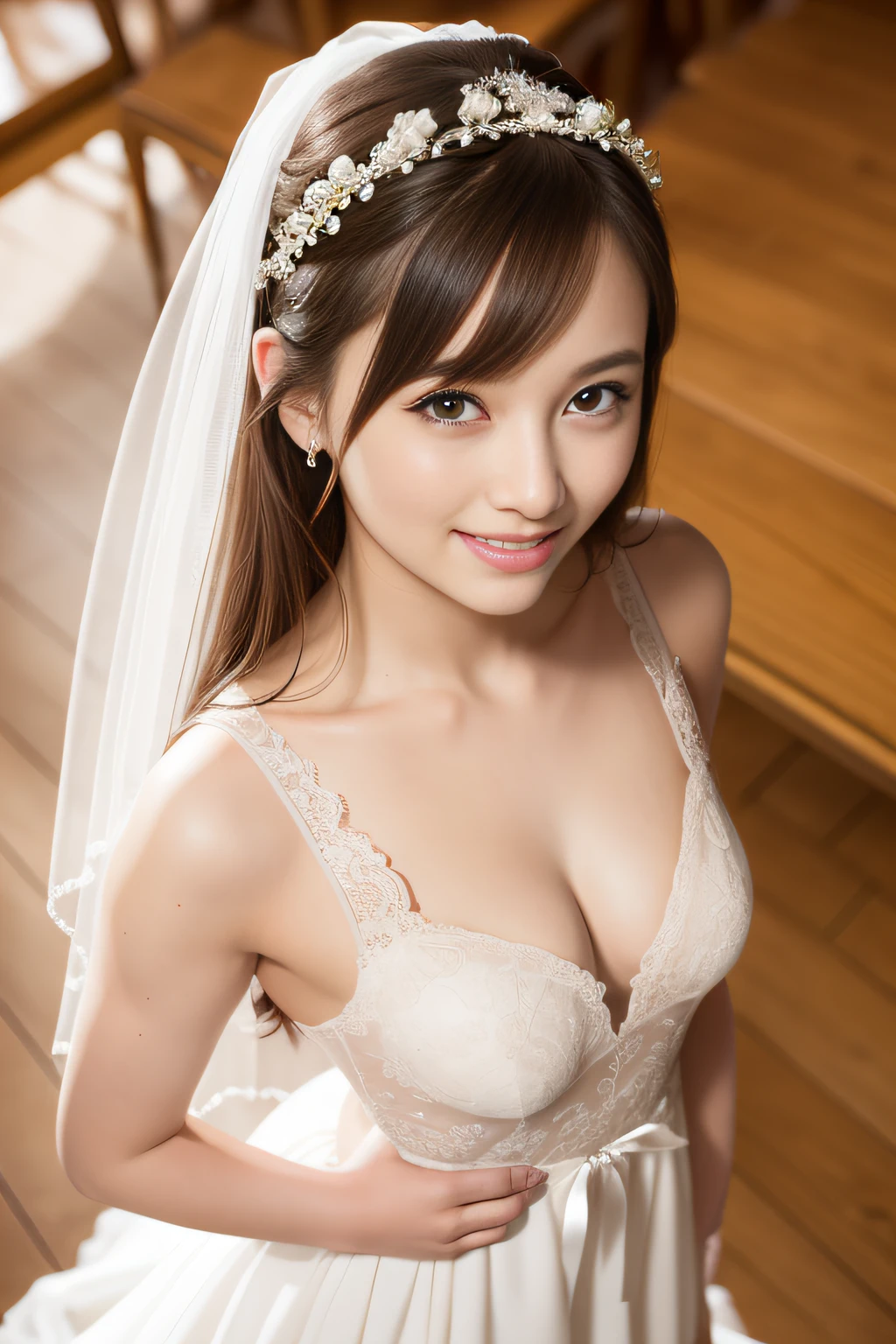 (best quality, masterpiece:1.2), (realistic:1.3), (ultra-detailed background, detailed background), bokeh, (small breasts:1.2), fantabulistic cleavage, (sexy obscene mammary papilla:1.2), (big pretty areolae:1.2), frilled dress, (lace-trimmed see-through dress:1.4), bridal tiaras, gorgeous lime green wedding dress, luxury wedding dress, classic wedding dress, show, bridal veil, bridal gauntlets, bridal cascading bouquet, upper body, wedding at church, from above, the skirt spreads round and wide, 1girl, cute, age, posing, smiling, dynamic angle, dynamic pose, very long hair,