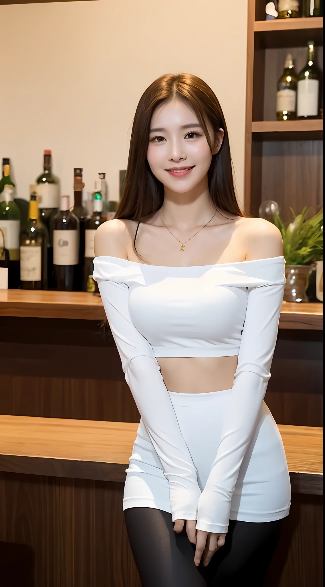 A superb exquisite real beautiful girl, golden long curly hair, extremely exquisite facial features, peerless beautiful girl, collarbone off-the-shoulder, white crop top shirt, black JK skirt, exposed legs, sweet smile, soft, dreamy quality, light white and dark brown, exaggerated facial features, solid color, frank off-white, surreal, blue gemstone necklace, ultra-clear, beautiful young girl, cute and lively, super short leggings, background at the bar counter