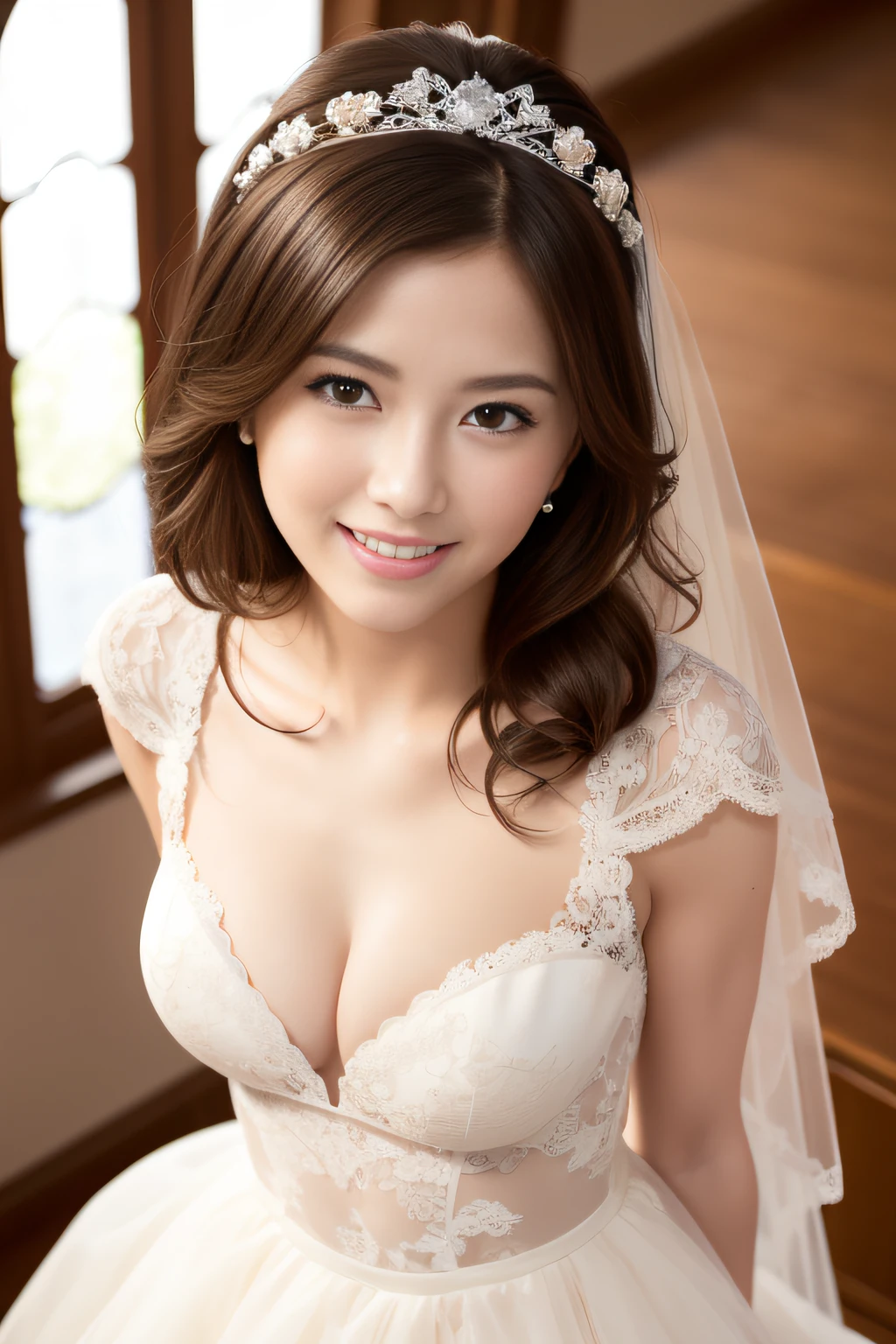 (best quality, masterpiece:1.2), (realistic:1.3), (ultra-detailed background, detailed background), bokeh, (small breasts:1.2), fantabulistic cleavage, (sexy obscene mammary papilla:1.2), (big pretty areolae:1.2), frilled dress, (lace-trimmed see-through dress:1.4), bridal tiaras, gorgeous lime green wedding dress, luxury wedding dress, classic wedding dress, show, bridal veil, bridal gauntlets, bridal cascading bouquet, upper body, wedding at church, from above, the skirt spreads round and wide, 1girl, cute, age, posing, smiling, dynamic angle, dynamic pose, very long hair,