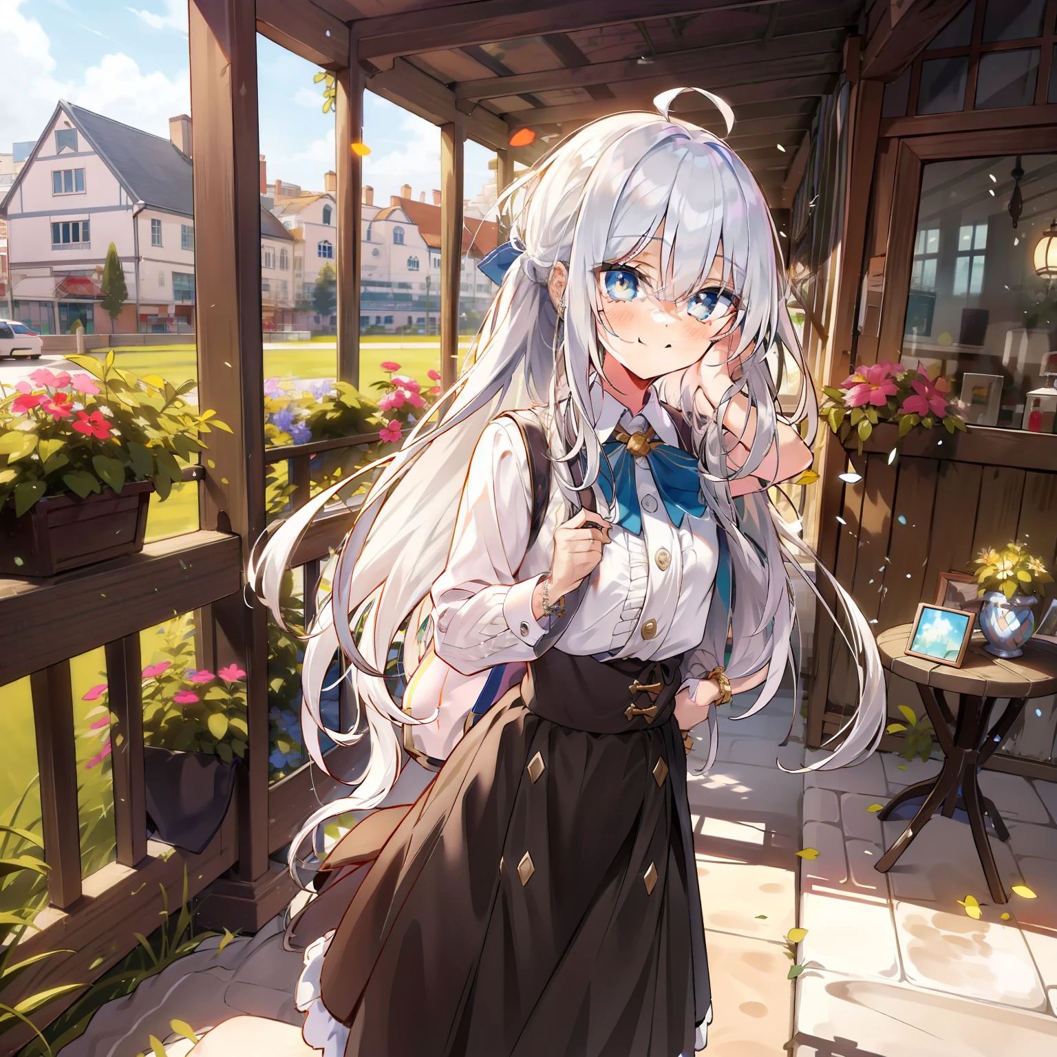 White-haired girl, cute face, high resolution, summer skirt, smile, tied hair, different pupils