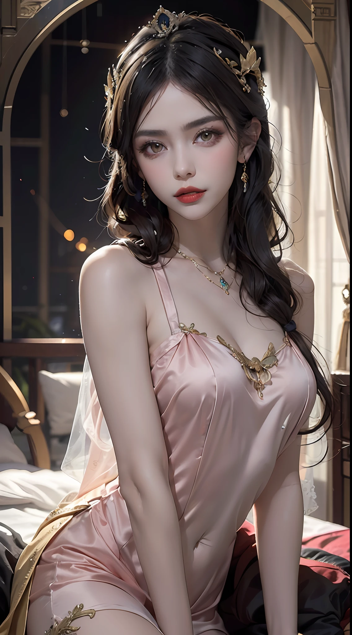 1 girl 20 years old, 1 goddess Athena, pink and purple silk dress with cleavage, beautiful goddess Athena face without blemish, thin cleavage silk nightgown with many colors, long thin women's nightgown with many sexy black lace details, goddess legend, goddess symbol, beautiful goddess style glitter, dark and mysterious version, small crown, well-proportioned, beautiful lips, delicate red lips, 1.9 detailed and beautiful lips ), holy body, super tight and round breasts, phoenix brooch, long bangs, (7 colors of hair rainbow: 1.9), clear beautiful face and well-proportioned eyes, (transparent yellow eyes: 1.8), (big round eyes and meticulous makeup, very beautiful and discreet makeup, very pretty blonde hair, light makeup, long blonde hair, makeup 1.8): the sky's droopy and vivid, the picture is real and fictional space: 1.8), fictional art, RAW photos, hanfu photos, best photos, high resolution, best quality, best photos, surreal portraits, surreal female photos, 8k quality, most beautiful saint portraits, single female jewelry, beautiful color masterpiece, upper body, tyndall effect, real photos, dark studio, border lights, (dalk 8 color pink detail: high resolution, soft light, high quality, h, Smooth and sharp, 10x pixelation, sexy goddess , sexy goddess: 1.8), (beautiful eyeshadow background: 1.8), (gap eyes, background light: 1.8), (gap eyes, soft background: 1.8), (best gaping eyes, perfect eyes, pretty girl solo: 1.8), (flowers: 1.8)