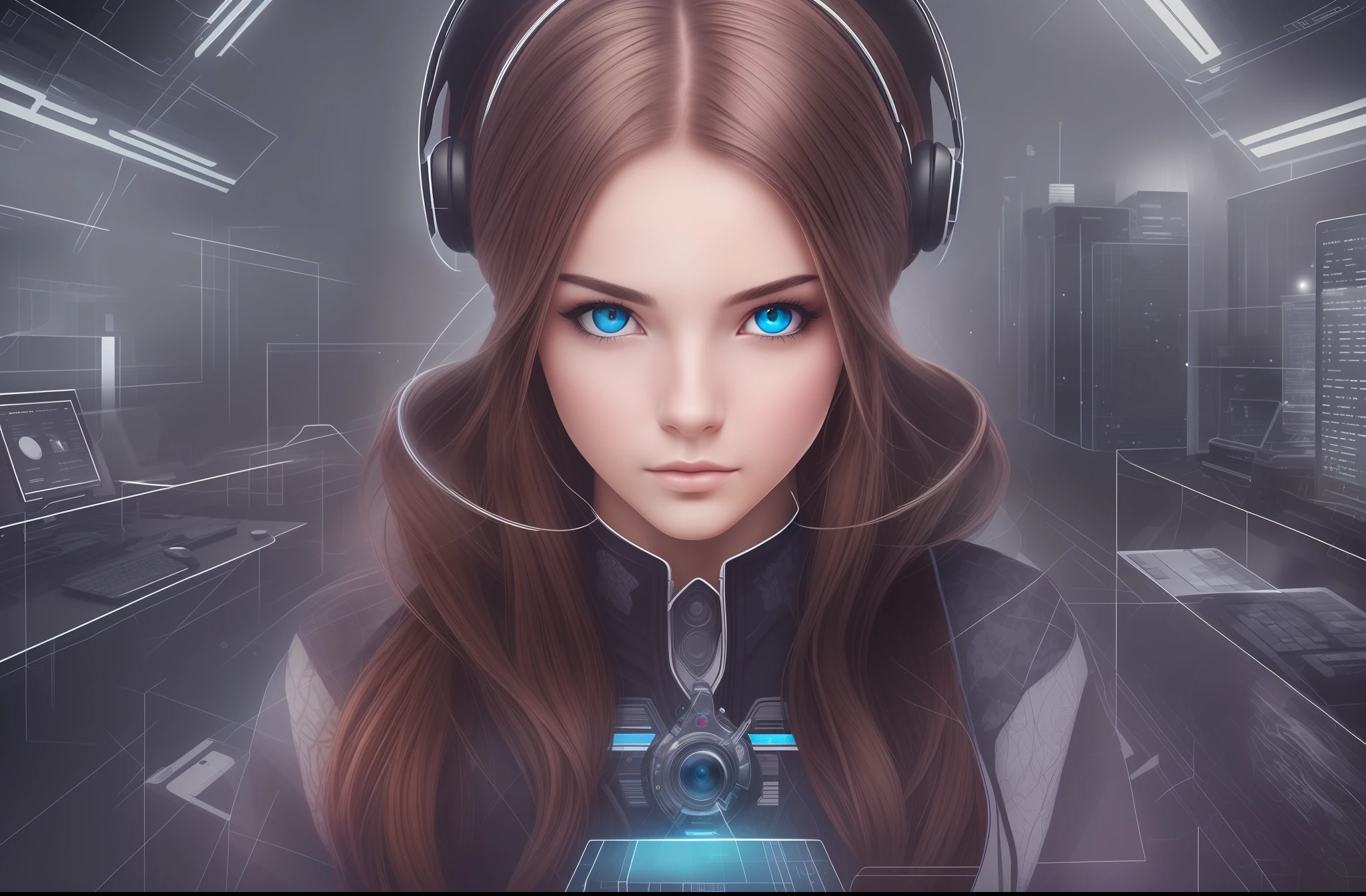 Create an image with realistic man fiddling with the computer, a young woman, in high resolution and futuristic concept with lots of detail and well-designed eyes --auto --s2