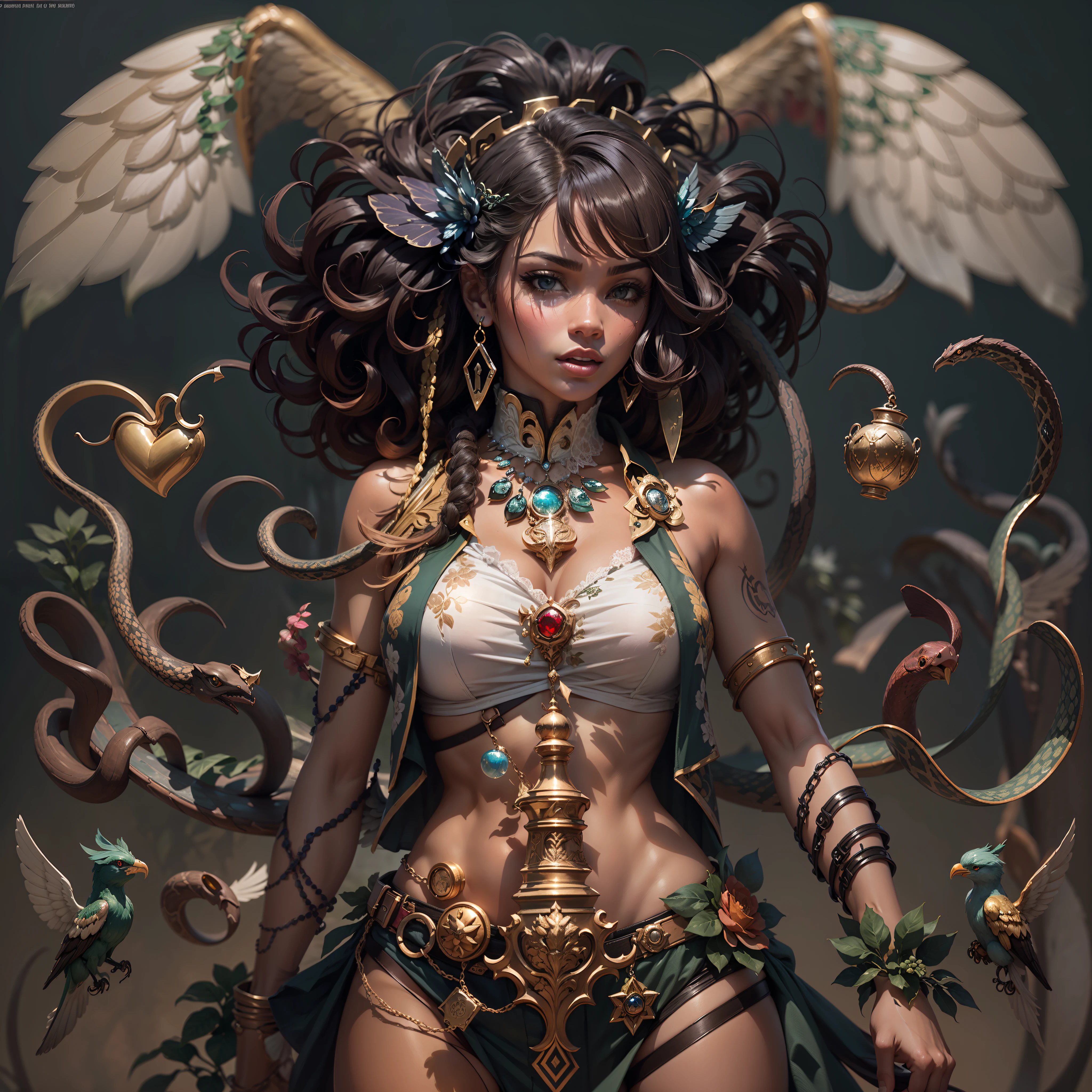 Caduceus Hermes mythology surmounted wings surrounded intertwined snakes Medusa_hairs_Snakes Outdoor Nature "Ouroboros" Forest Natural Queen Native éblouissantes Valkyrie-wings clef chains "Heavy Metal" Will-o'-the-wisp Fire-follets fairy pixie sprite conceptual safe female glamour aesthetic walking slow motion Cosplay "Nicki Minaj":1.5 "Rihanna":1.5 "beyonce":1.5 aristocratic jacket 38years symmetrical athletic bronzé hairstyle_snakes:1.5 obvious varied ecstatic fringes:1.5 visages:1.5 cheekbones effects reddened embarrassed lazuli water drop between eyes beautiful hair:1.5 Brown Eyes Pupils Black Iris Turquoise Sapphires Open Mouth Teeth Smiles Floating Jacket Fixed Pearls Eccentric Cape Levitating Shoulders-Off:1.2 chemise blanches dentelles clavicules papillotes varied breasts1.5 points:1.3 satin sideboob felt bikini:1.5 corsait:1.5 spinels thick navy leather skirt:1.5 soies assortie amples nombril:1.3 revealing pubic scarlet pubis-hairy obvious indigo underwear:1.5 Size chastity belt:1.3 silver adorned padlock Gold thighs legs garters Gothic stainless steel boots decorated onyx equirectangular 360 monastery opal marble ruby background:1.5 DoF mannequins lantern dressed armor richly decorated:1.5 "Chevaleresque" dramatic chrome metallic flat bands fathoms brass fullbodye lys rune ornate emerald plasma embroidered glyphs Tourmaline wood engravings lava magic intricate:1.5 summons snake incandescent Crystalline familiar robot Mecha (EOS R6 135mm 1/1250s f/2.8 ISO400) Mech Mechanized snakes flowering Quetzalcoatl:1.5 Adaptable volumetric luminescence saturated:1.5 ultra:1.5 pro-photorealists:1.5 optimaux:1.5 qualities:1.5 details:1.5 precise:1.5 reflex:1.5 resolutions:1.5 3dcg max:1.5 graduates:1.5 improved:1.5 Octanes_rendues:1.5 UHD XT3 16K DSLR HDR UnrealEngine5 profondeurs:1.5 Earth Heart:1.5 Hearth ultra_sharpness:1.5 ombres analogiques:1.5 CGSCOSITY pet chef-d':1.5 "Bruce Weber girls" multi etc.