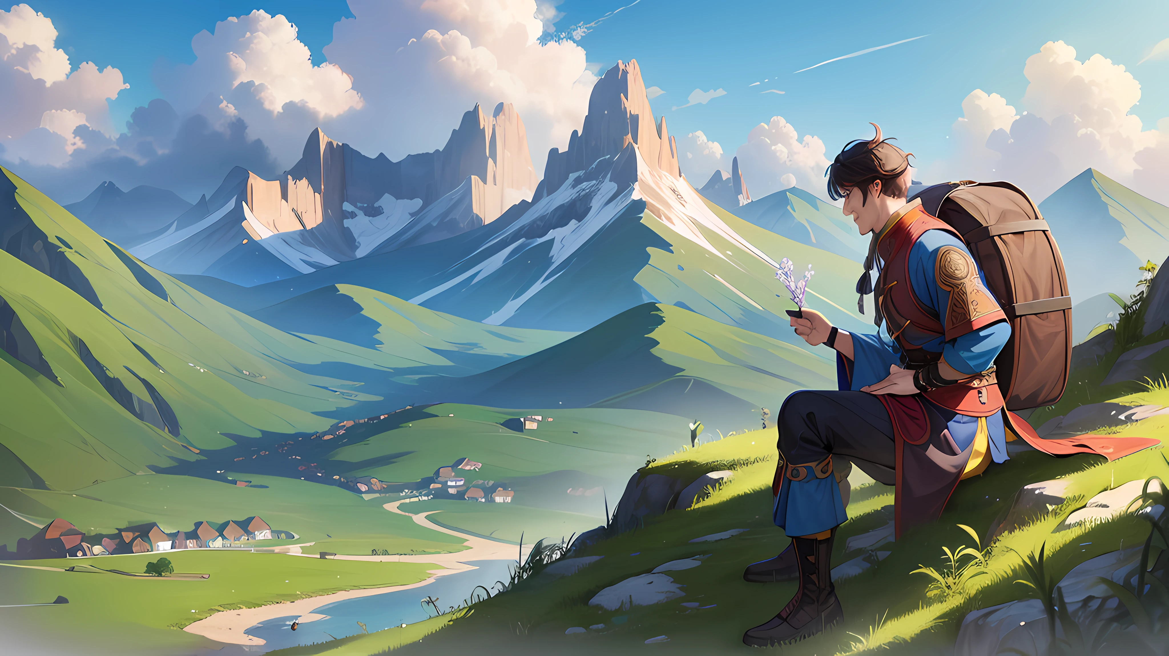 (best quality, masterpiece),High slope,A high resolution,Quiet,Green Mountains and Green Water,The sky was blue,(1 man),With a straw hat,Wear a loose cloak,(Looking up slightly at the sky),Slowly coming up the high slope.