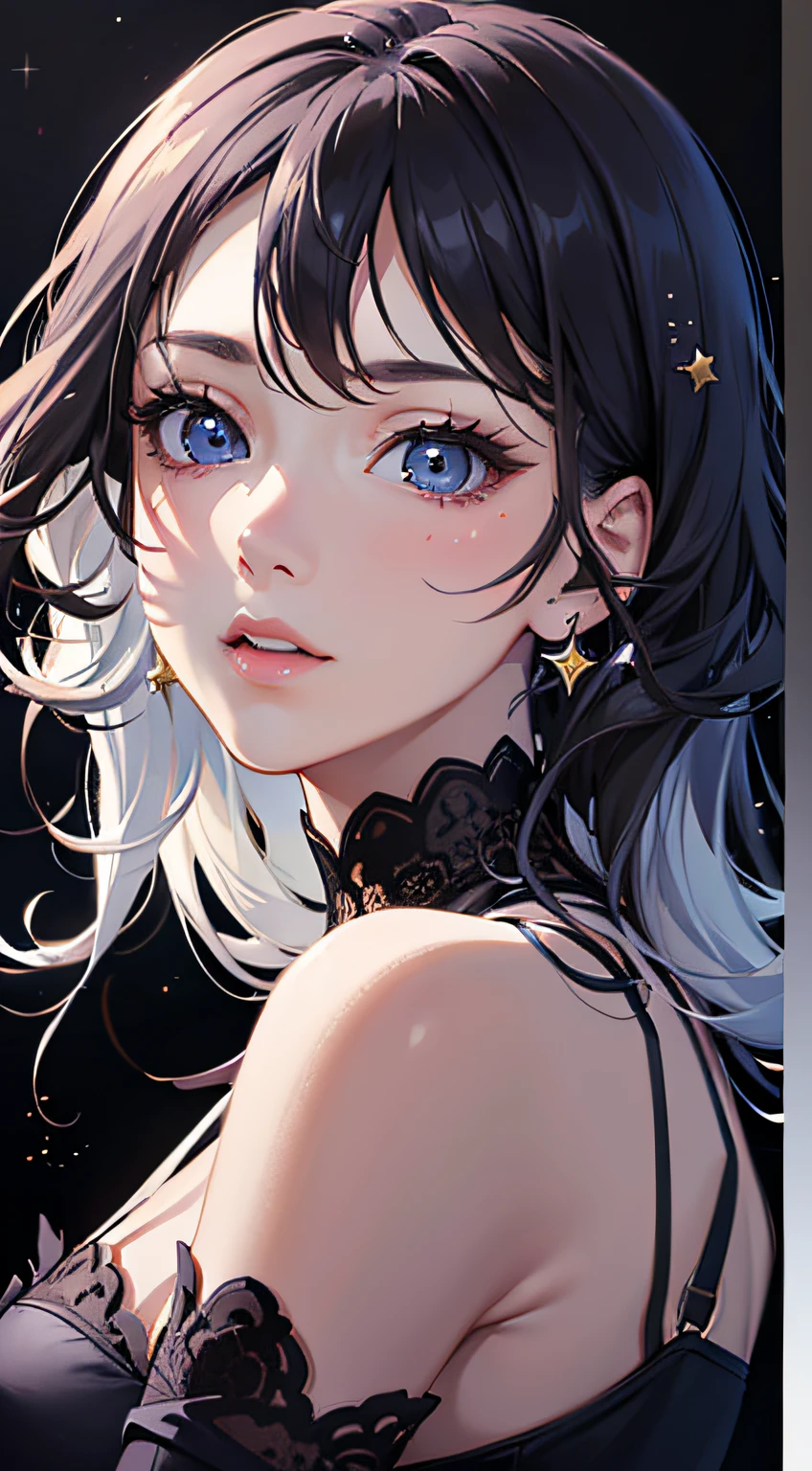 Pixiv artwork, exquisite (live-action realistic style), extreme face, blow-bombable skin, photorealistic light and shadow, starry eyes, seven-colored hair, shiny jewelry, colorful paint splashed background, dressed fashion, upper body out of the country, shoulders, front, beautiful, extremely high quality, cinematic picture