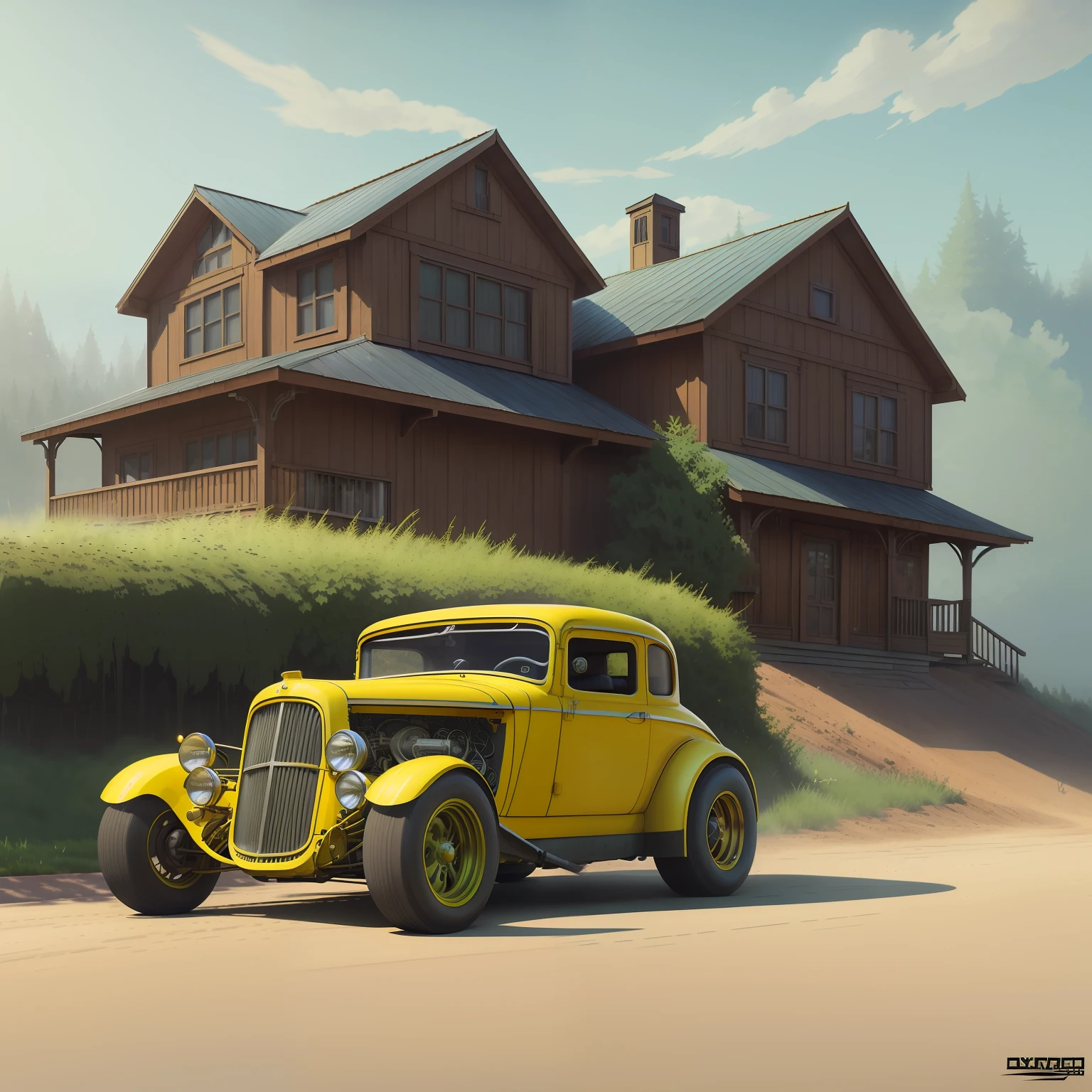 painting of a yellow Hot Rod driving past a green house on a dirt road, highly detailed hyper real retro, james gurney painting style, rob rey and kentarõ miura style, highly realistic concept art, rolands zilvinskis 3d render art, semi - realistic render, by Derek Hill, adventure hyper realistic render, realistic illustration, stylized digital illustration