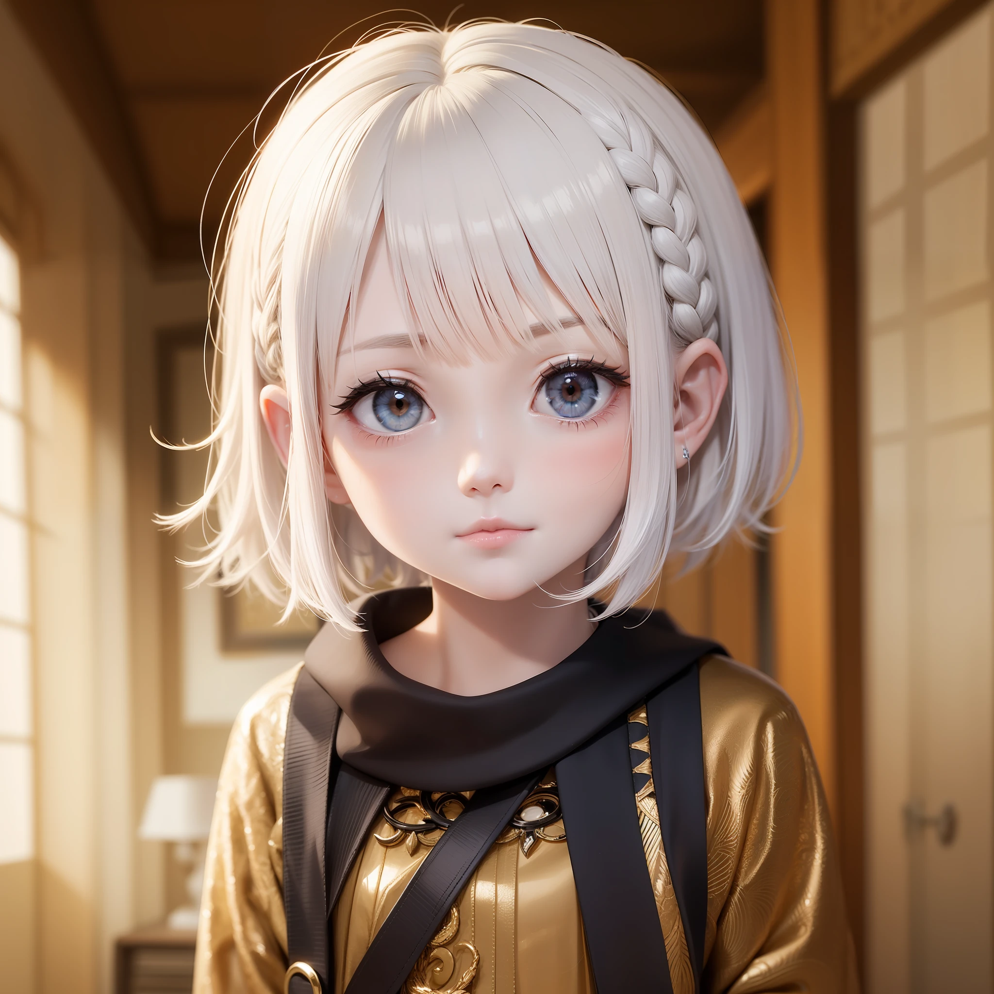 angelicales，child，Short white hair，SideBraid，Golden eyes